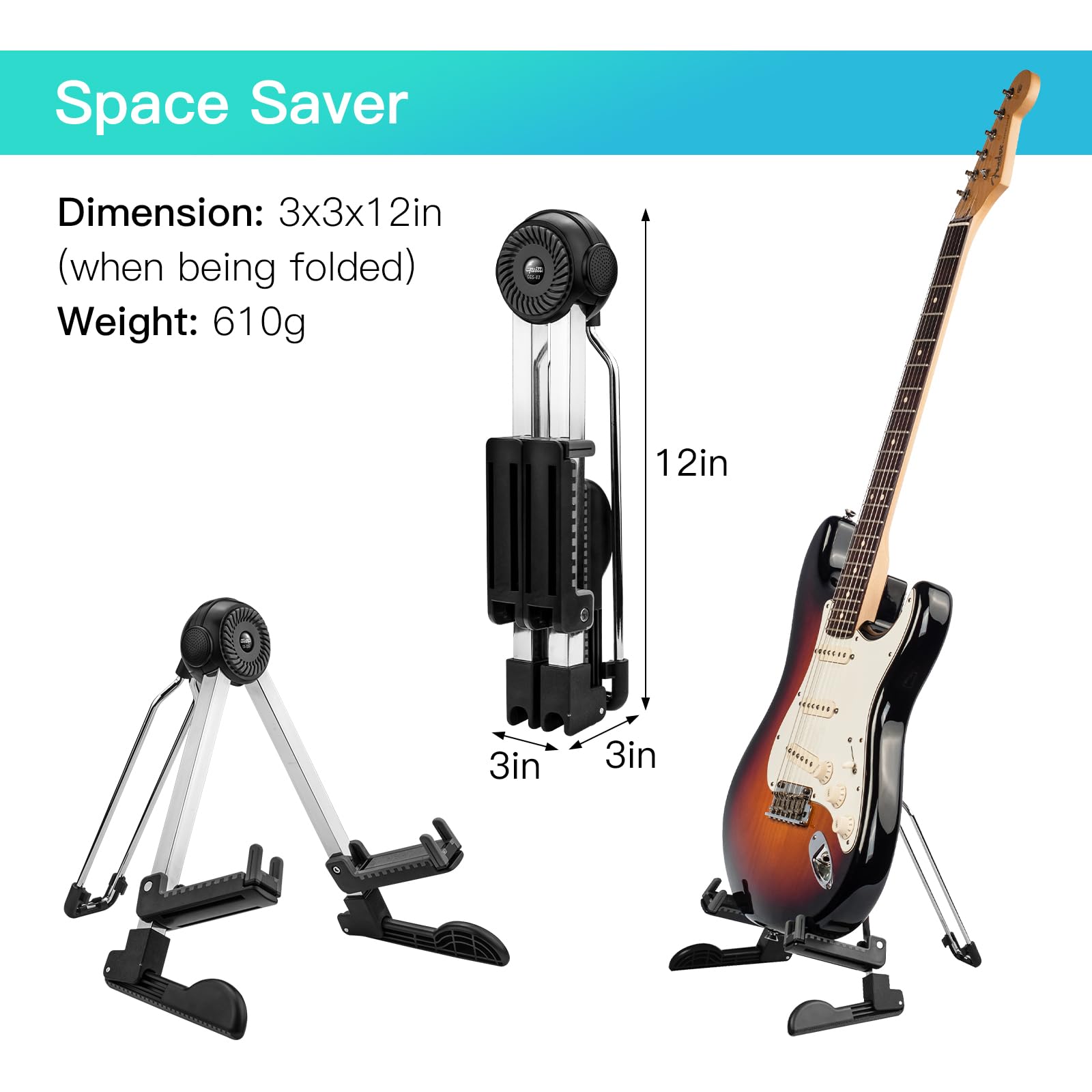 GUITTO Guitar Stand - Electric and Acoustic, Floor Standing Holder for Guitars, Bass, Banjo, Cello - Portable, Foldable, and Small A-Frame Design GGS-03