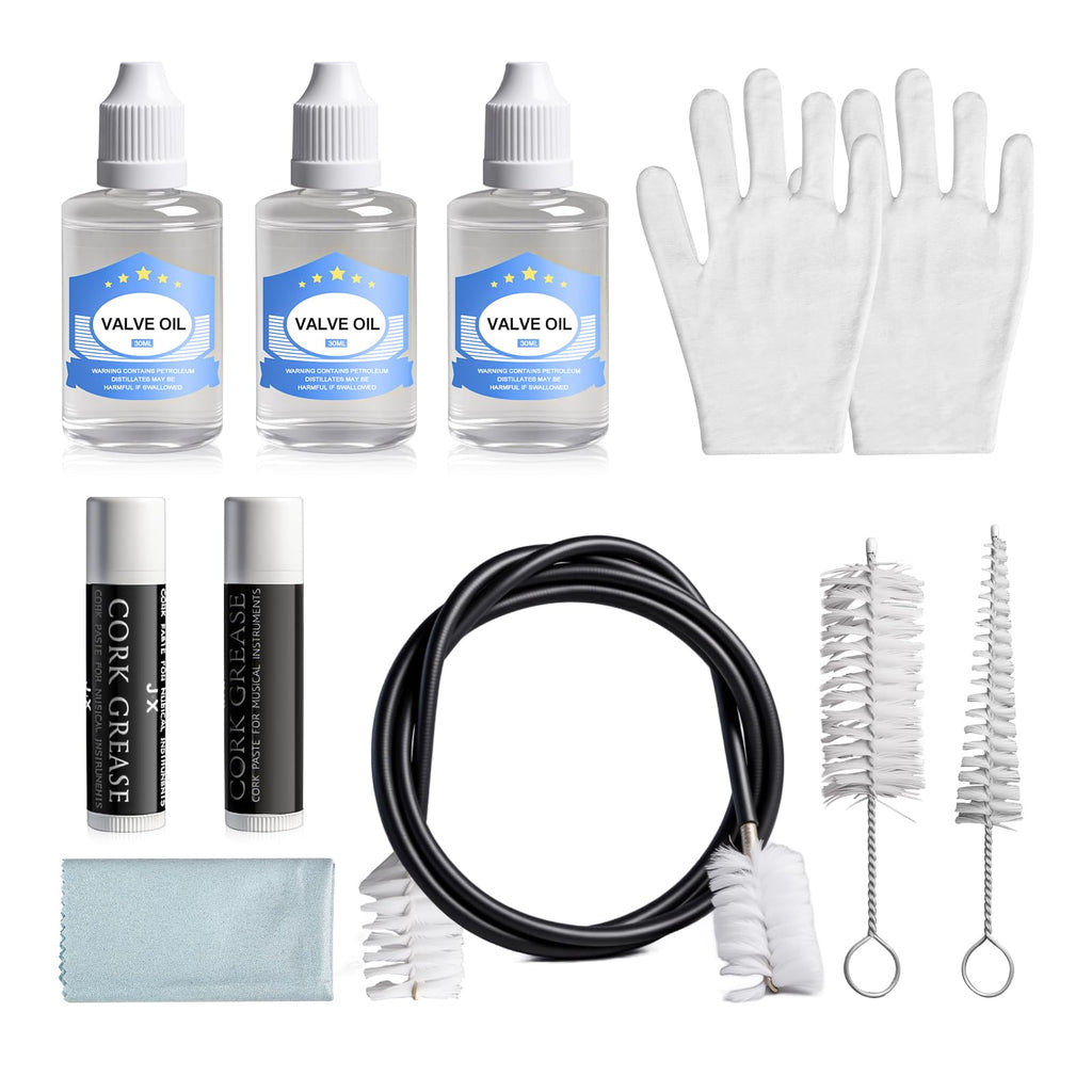 Trumpet Cleaning Kit - 3 Trumpet Lubricating Valve Oil, 2 Slide Grease,Valve, Mouthpiece, Flexible Bore Brush and Cleaning Cloth, Brass Instrument Cleaning and Care Set for Trumpet Maintenance