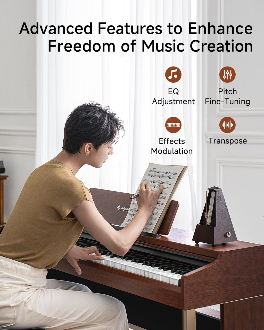 Donner DDP-200 Pro Digital Piano with 88 Key Graded Weighted Keyboard, Wireless Piano with 2.4" IPS Screen Record, 256 Polyphony, Full Size Piano Keyboard Gifts for Beginner Advanced, Wood Graina