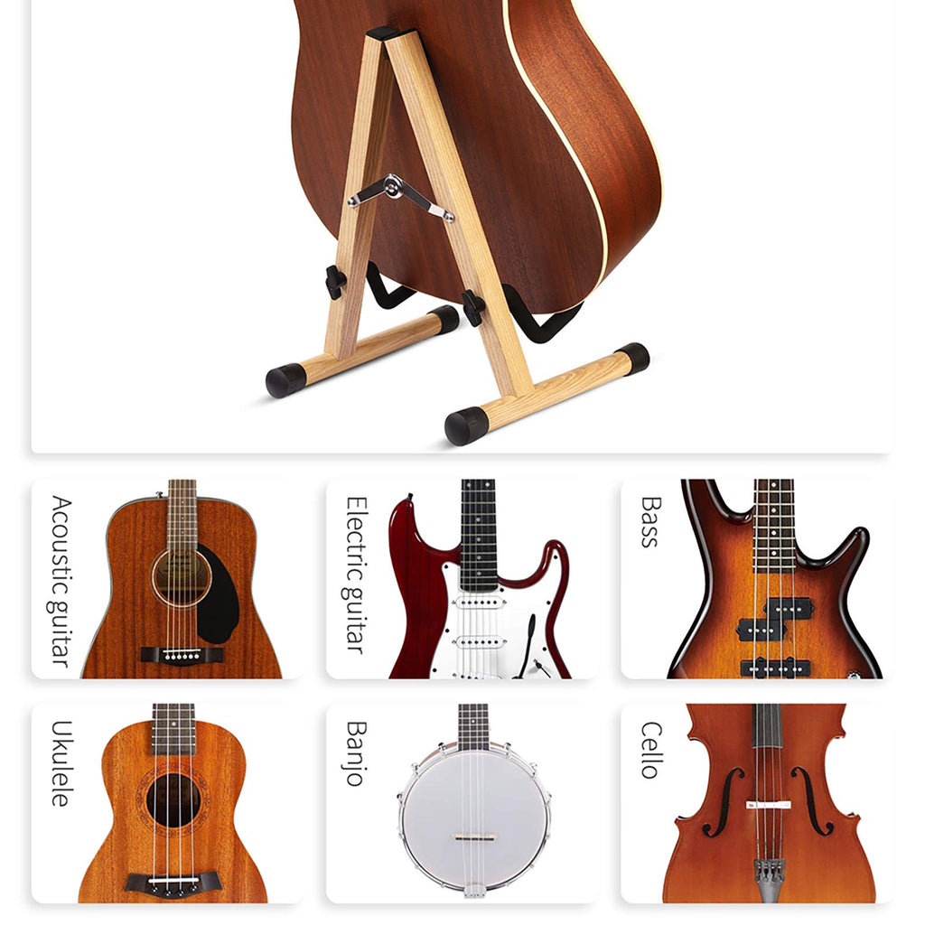 SNIGJAT Wood Guitar Stand, Acoustic Guitar Stand with Padded Foam, Classical Electric Guitar Stand, A-Frame Folding Bass Guitar Display Stand Compatible with Cello, Mandolin, Bass, Banjo, Ukulele