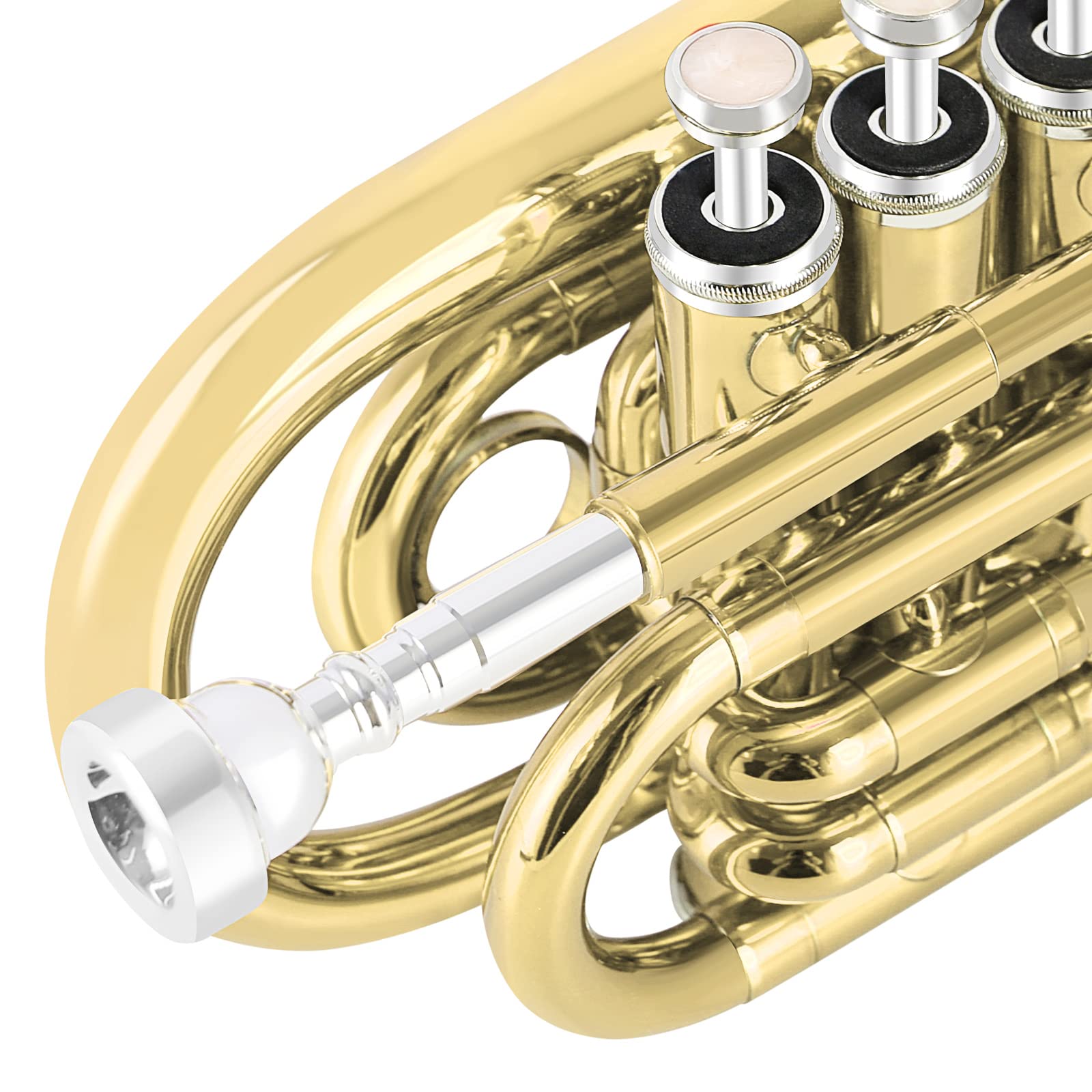 EastRock Pocket Trumpet Brass Bb Nickel Plated Trumpet with 7 C Mouthpiece, Hard Case, Strap, White Gloves, Cleaning Kit for Students and Beginners