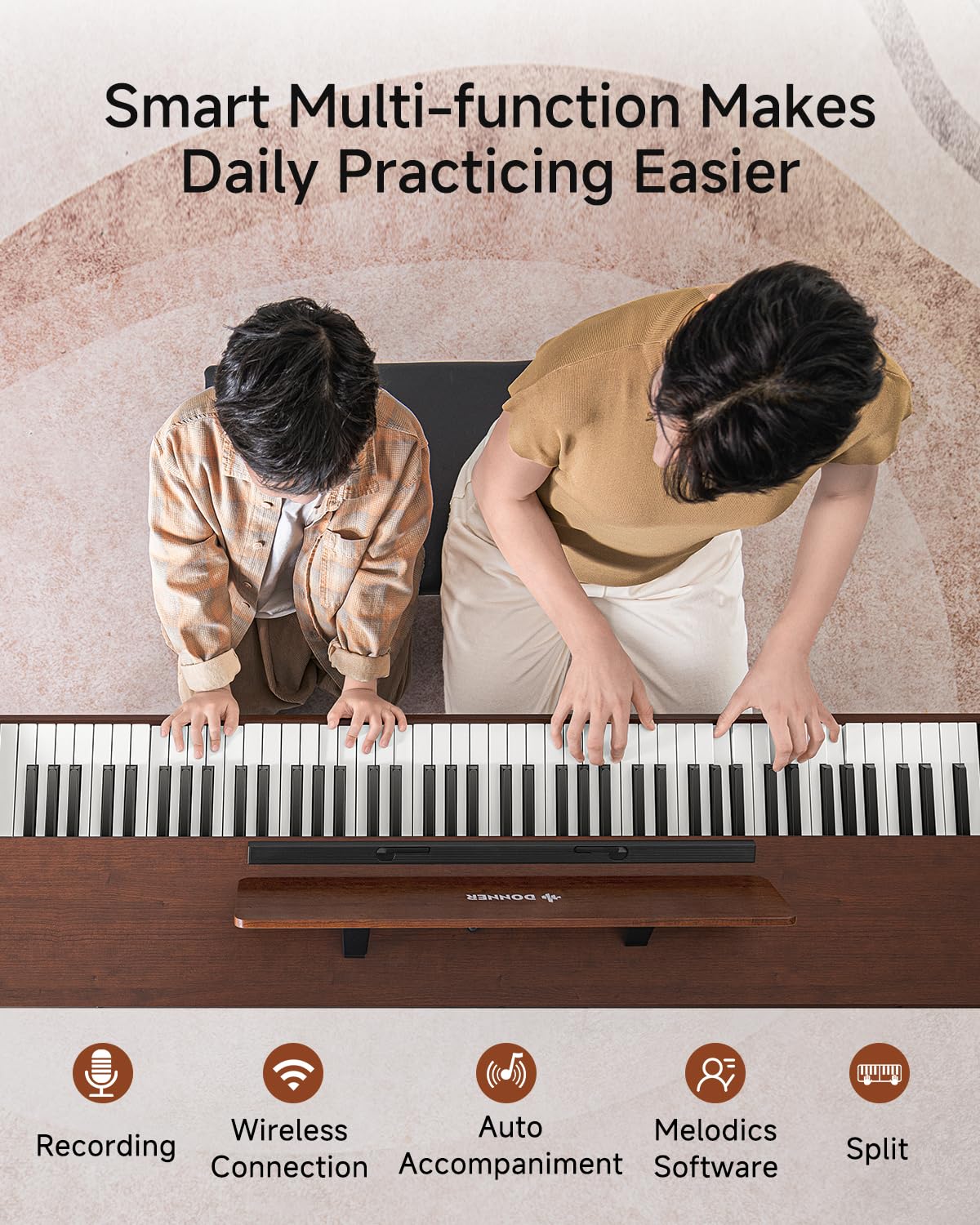Donner DDP-200 Pro Digital Piano with 88 Key Graded Weighted Keyboard, Wireless Piano with 2.4" IPS Screen Record, 256 Polyphony, Full Size Piano Keyboard Gifts for Beginner Advanced, Wood Graina