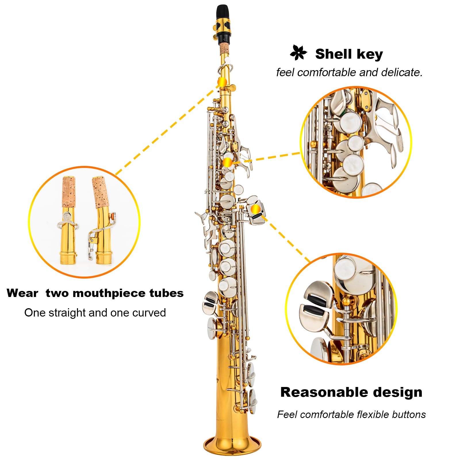 Bb Soprano Saxophone Straight Gold Laquer Sax Instruments for Beginners Students Intermediate Players with Carrying Case,White Gloves.Cleaning kit.neck Strap.Mouthpiece (Gold body nickel bond)