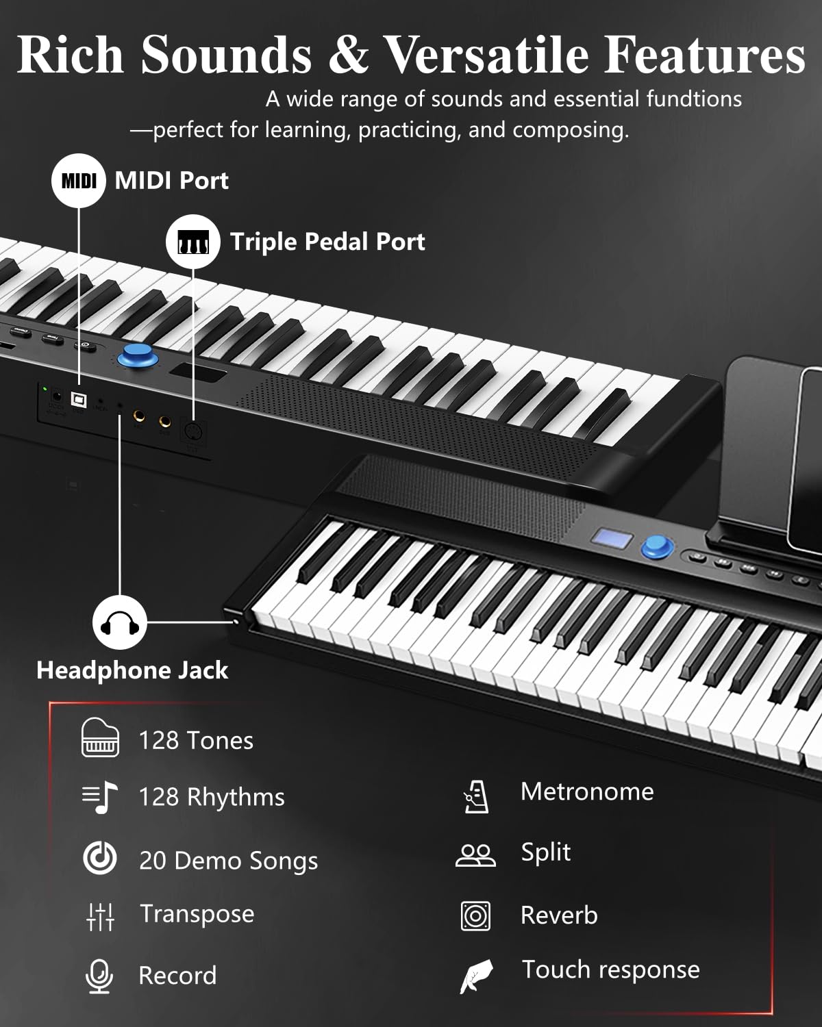 Longeye Folding Piano Keyboard 88 Key Portable Digital Piano Ultra Sound Semi-Weighted Electric Keyboard for Beginners & Professionals with Headphones, Stickers & Carrying Case Fold Pro 2+