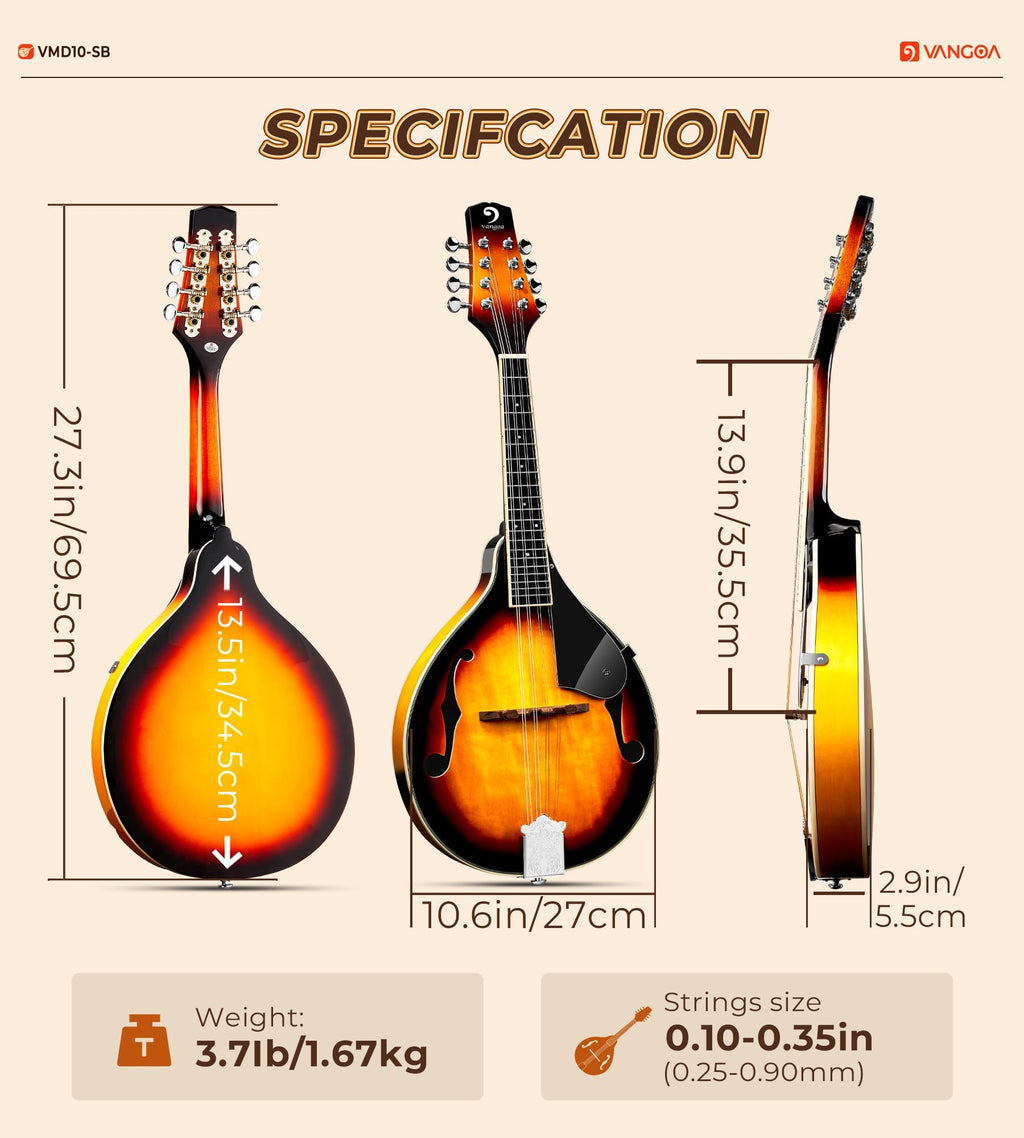 Vangoa Mandolin Musical Instrument A Style Acoustic Electric, 8 Strings Mahogany for Beginner Adults Teens, Red Burst