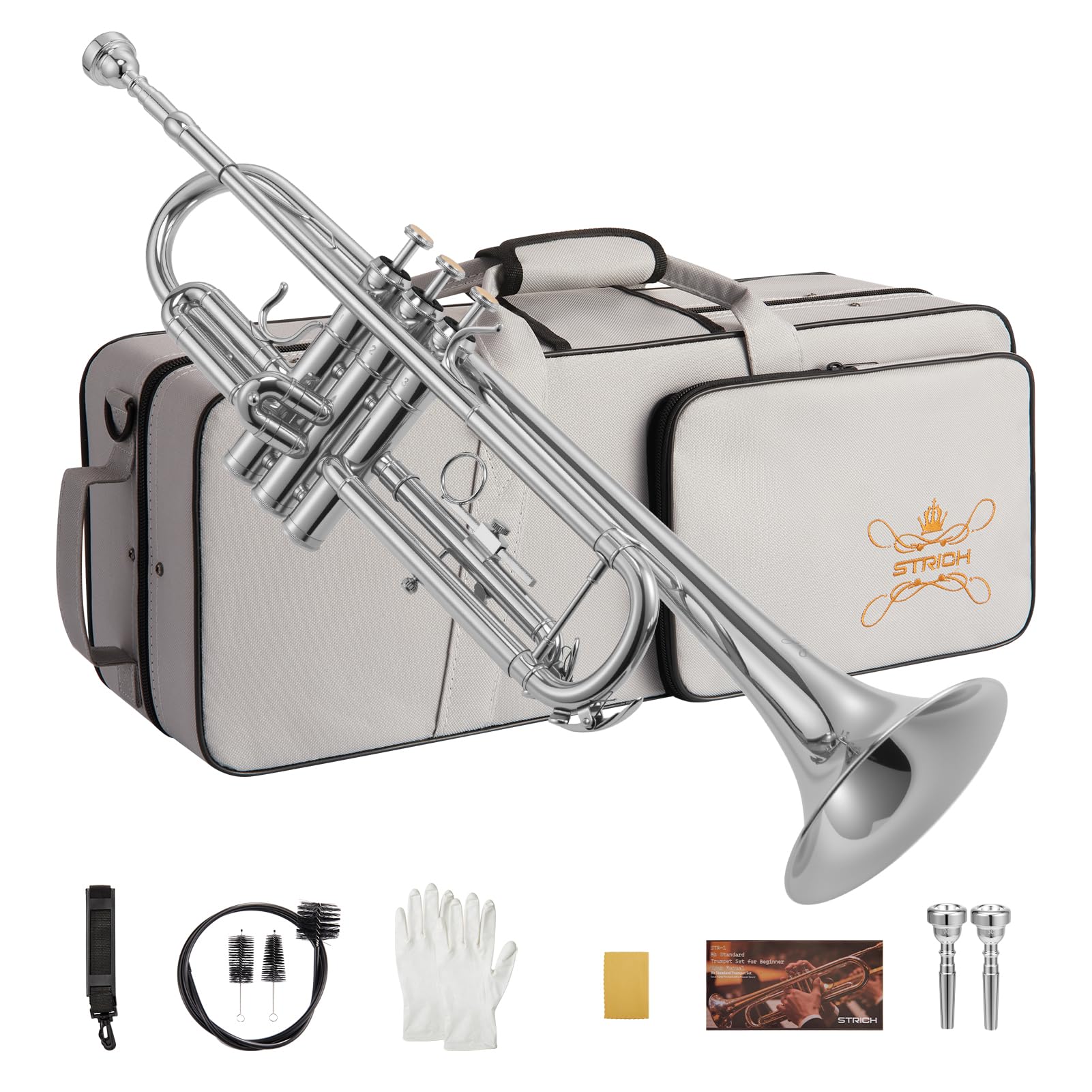 STRICH Bb Standard Trumpet Set for Beginners, Brass Student Trumpet Instrument with Hard Case, Cleaning Kit, 7C & 3C Mouthpieces, Gloves - STR-1G, Gold