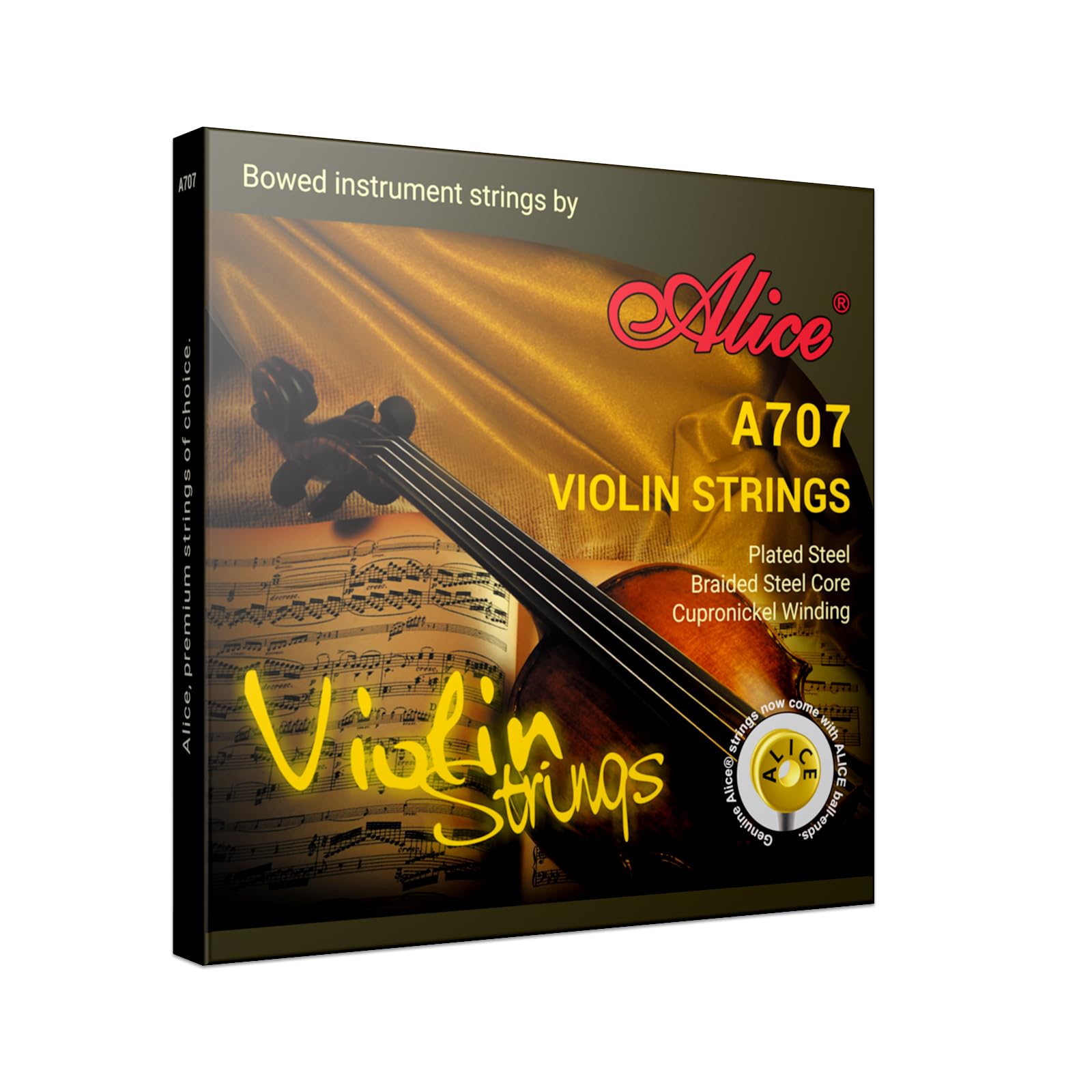 Violin Strings, Alice 4/4 Violin Strings Full Set Nylon Core Al-Mg & Ni-Fe Winding with Ball End, 1 Set