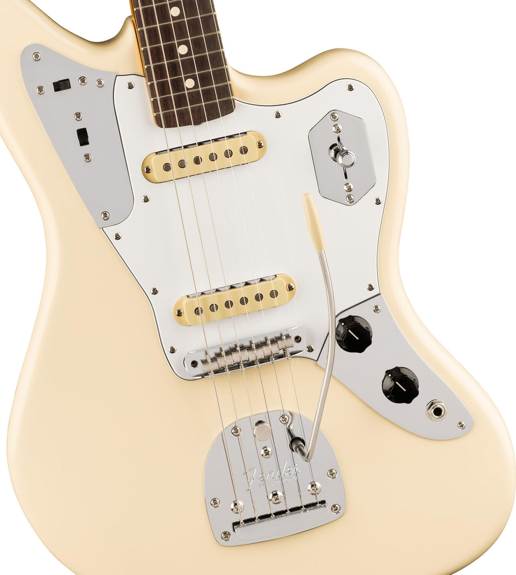 Fender Johnny Marr Jaguar - Olympic White Bundle with Tweed Case, Cable, Strap, and Guitar Cleaning Kit