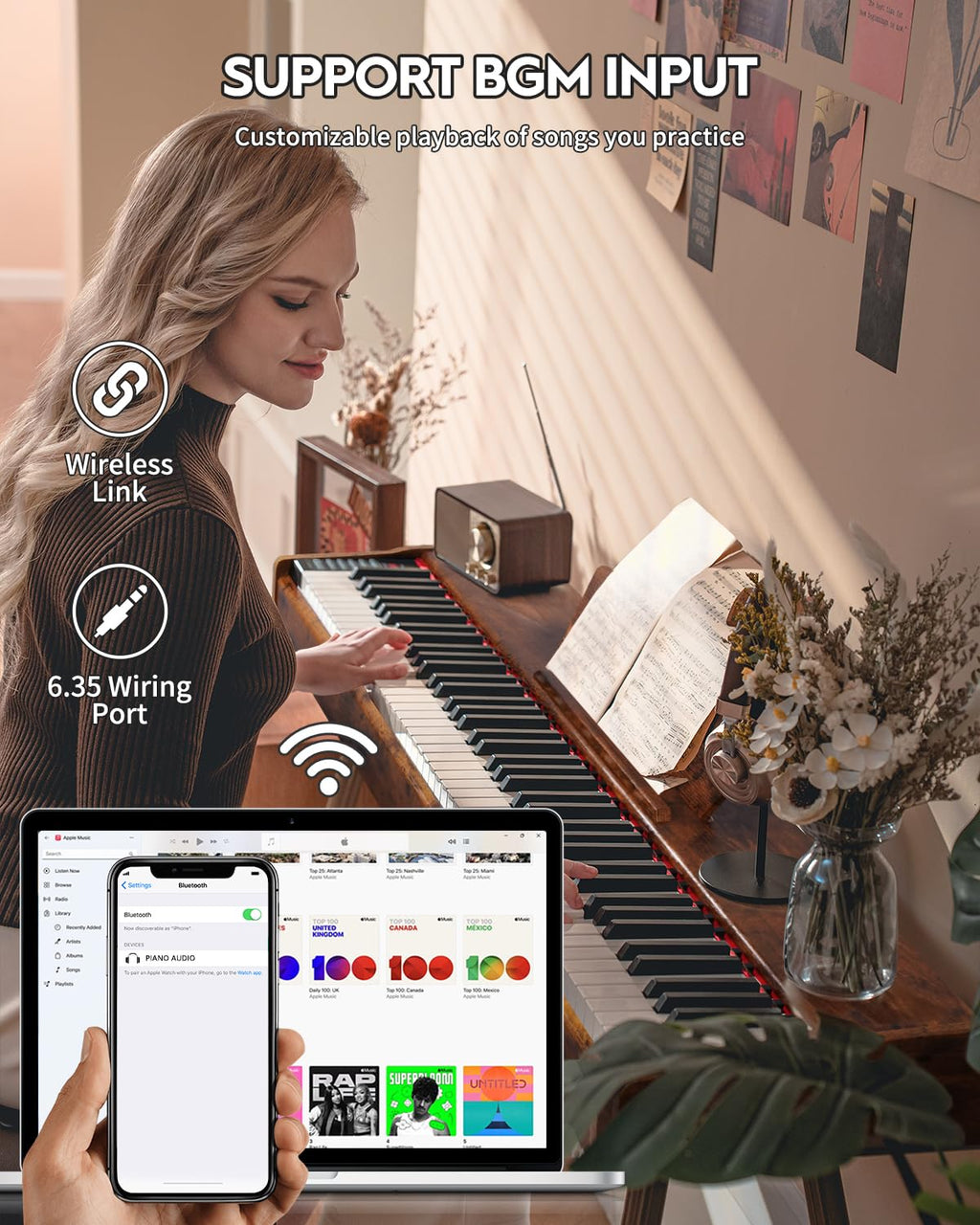 STRICH Digital Piano 88 Keys, Hammer-Action Weighted Keyboard, Full size Electric Piano Keyboard with Stand, 25Wx2 Speakers, Supports USB-MIDI/Wireless Connecting SDP-300S (Color Mahogany)