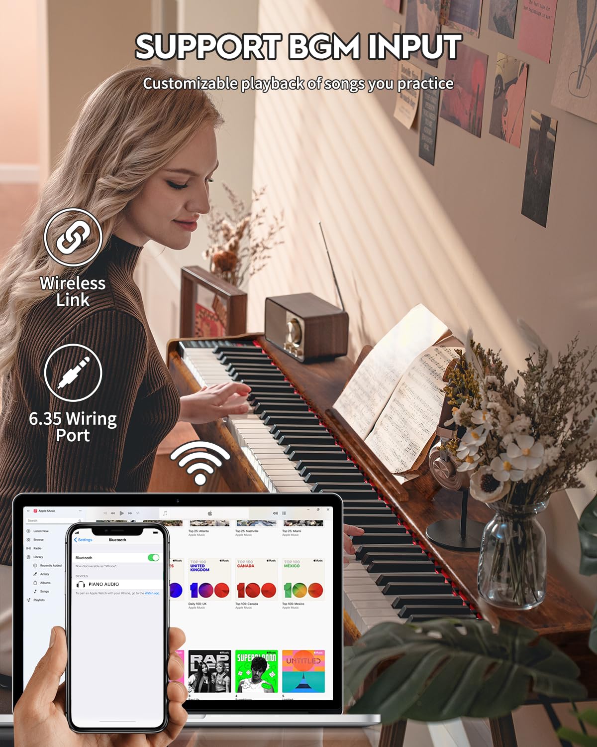 STRICH Digital Piano 88 Keys, Hammer-Action Weighted Keyboard, Full size Electric Piano Keyboard with Stand, 25Wx2 Speakers, Supports USB-MIDI/Wireless Connecting SDP-300S (Color Mahogany)