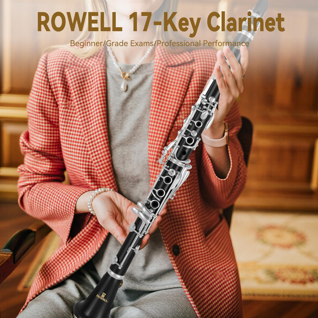 ROWELL 18 Key Bb Clarinet with Eb/Ab Lever & African Blackwood Wood Body Professional Rich Tone for Intermediate Players & Students Includes Case, Mouthpiece, Reeds