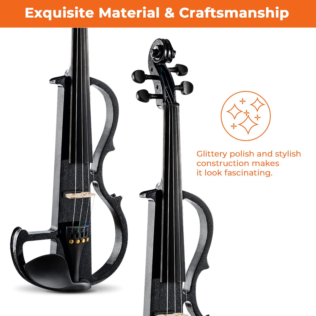 Vangoa Electric Violin Full Size 4/4, Black Silent Electric Violin, Solid Wood Metallic Electric Fiddle with Ebony Fittings, Beginner Kit for Adults Teens