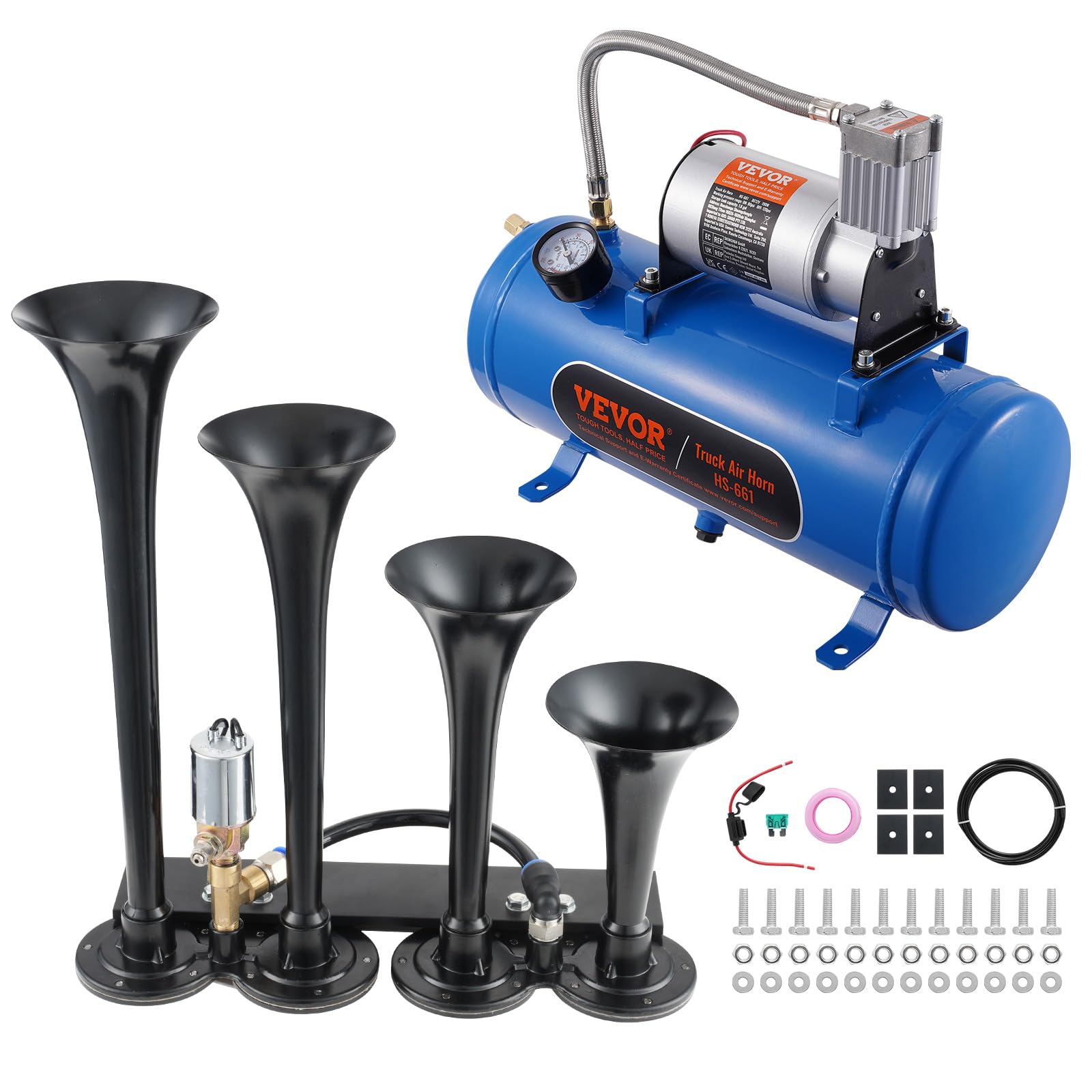 VEVOR 4 Trumpet Air Horn Kit, 150dB Train Horns for Pickup Trucks, 12V 120 psi Air Compressor 0.8 Gal/3 L Tank with Gauge for Any 12V Vehicle Car Truck Train Van Boat