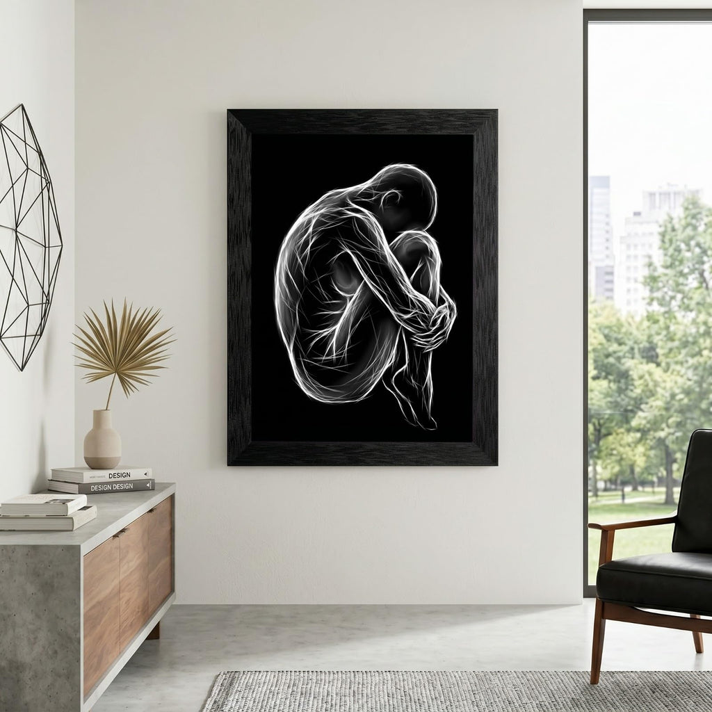Framed Canvas Wall Art Minimalist Abstract Cello Musical Instrument Electric White Glowing Lines on Black Canvas Print Poster Black Frame Wall Decor for Music Room Studio Modern Art, Inch 24x36
