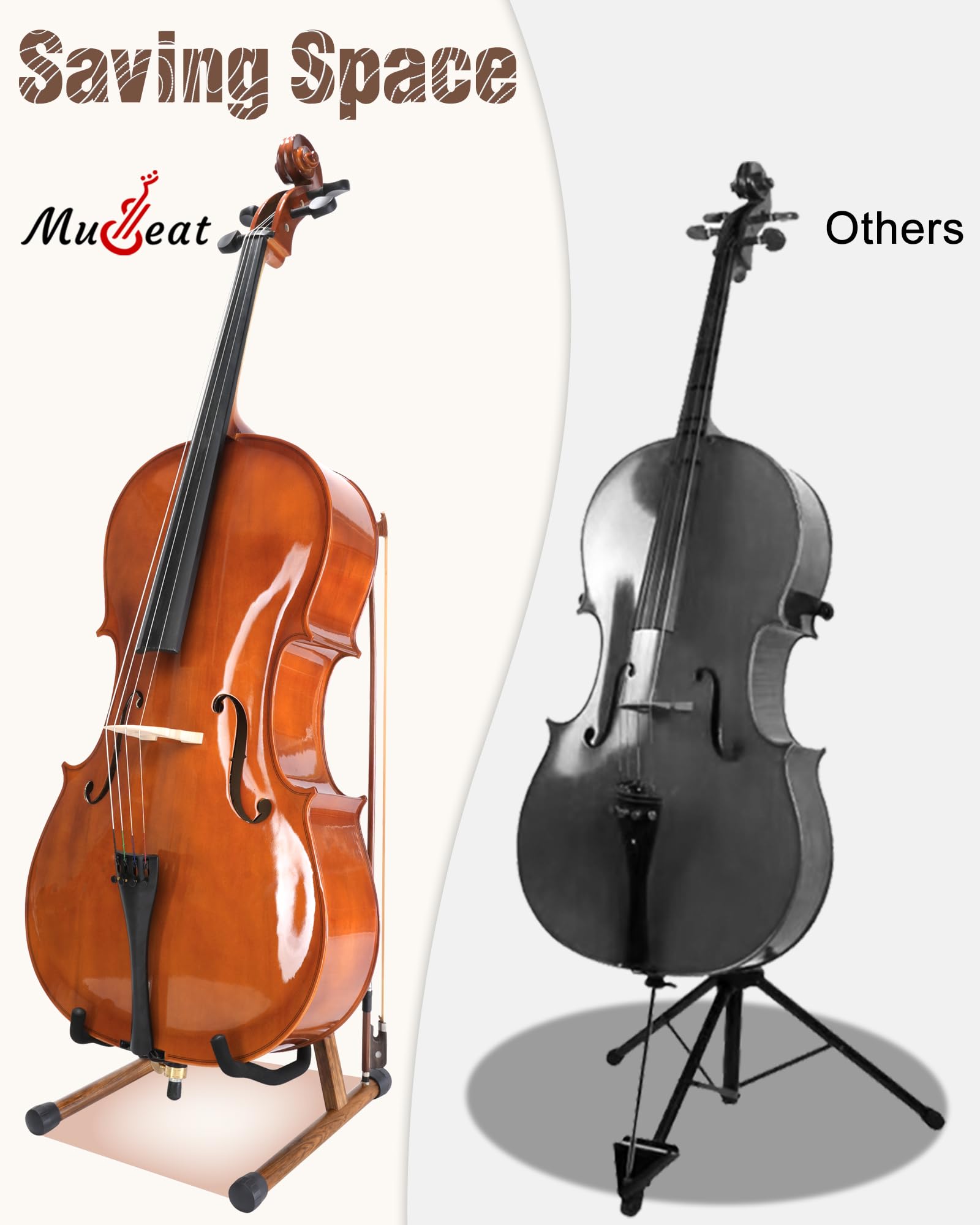 Cello Stand with Bow Holder, Mahogany Wooden A-Shape Floor Stand with Padded Foam, Handcrafted Cello Rack Fits 1/2, 3/4, 7/8, 4/4 Full-Size and Guitar, Instrument Holder for Home and Studio Display