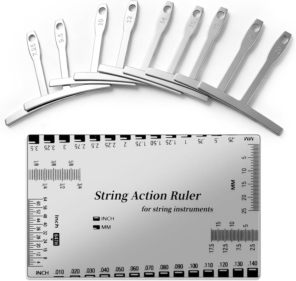 10 Pcs Guitar Luthier Tools Include 9 Pcs Understring Guitar Radius Gauge and 1 String Action Height Gauges Ruler Guitars String Action Gauge Ruler Tool for Guitars Bass Setup Repair Tools