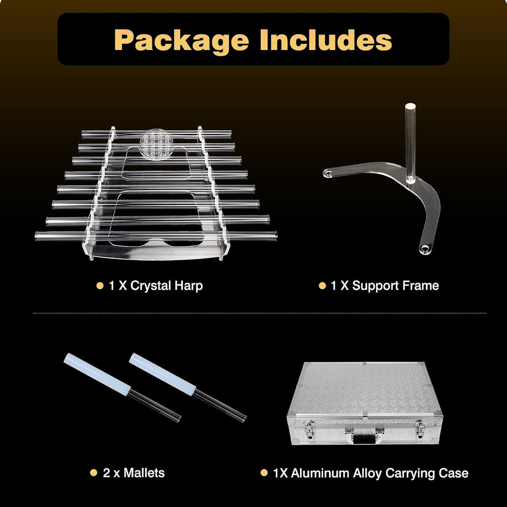432Hz 8 Note CDEFGABC Quartz Crystal Singing Harp,Including Bracket Alumina Carrry Case for Sound Bath and Meditatiion