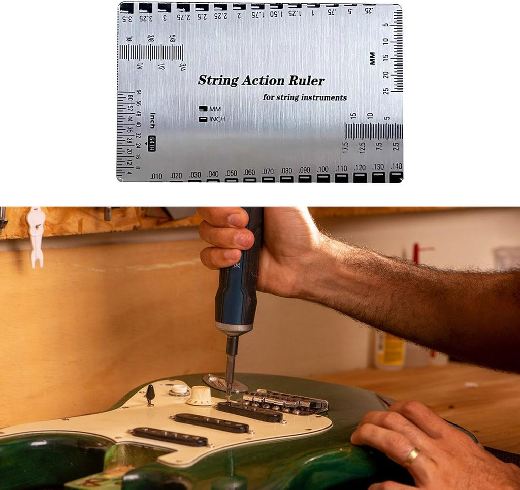 String Action Ruler Guitar Setup Gauge Tool Easy to Read Markings Compact Repairing Luthier Tool for Acoustic Guitar Mandolin, Silver