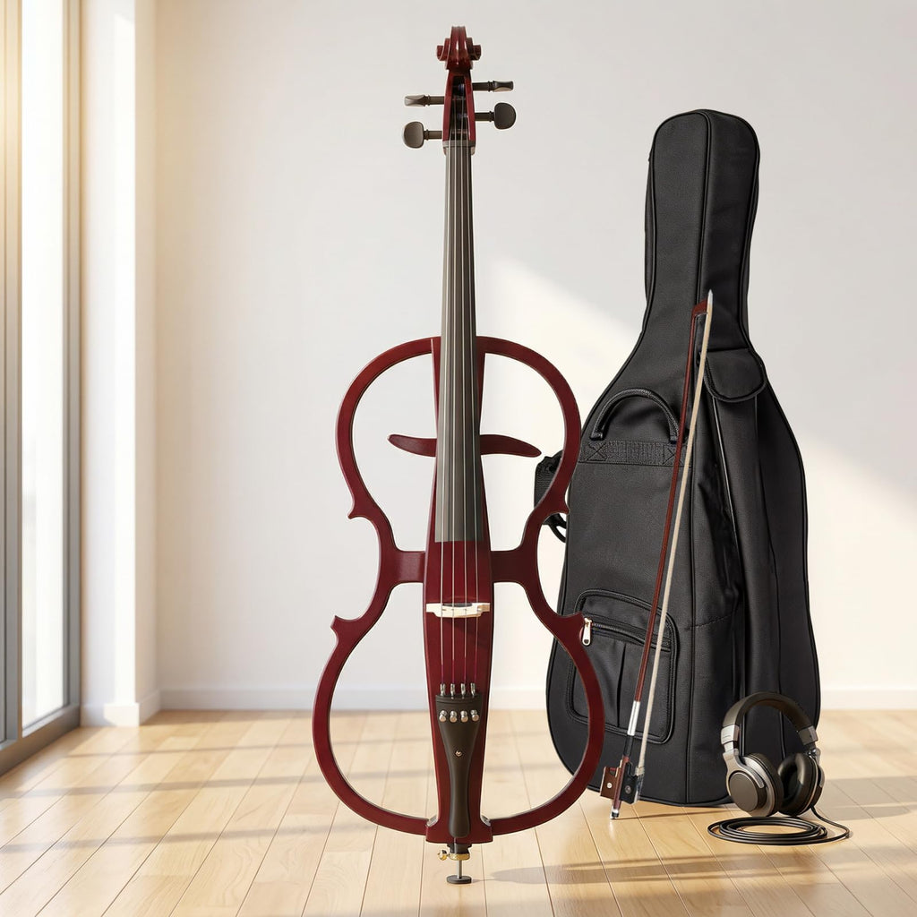 Electric Cello 4/4 Full Size Ebony Fittings with Lightweight Cello Bag, Headphones, Bow, Bridge, Rosin, Cello for Beginners Adults(Metallic Black) (Metallic Red Peach Heart -Cellos)