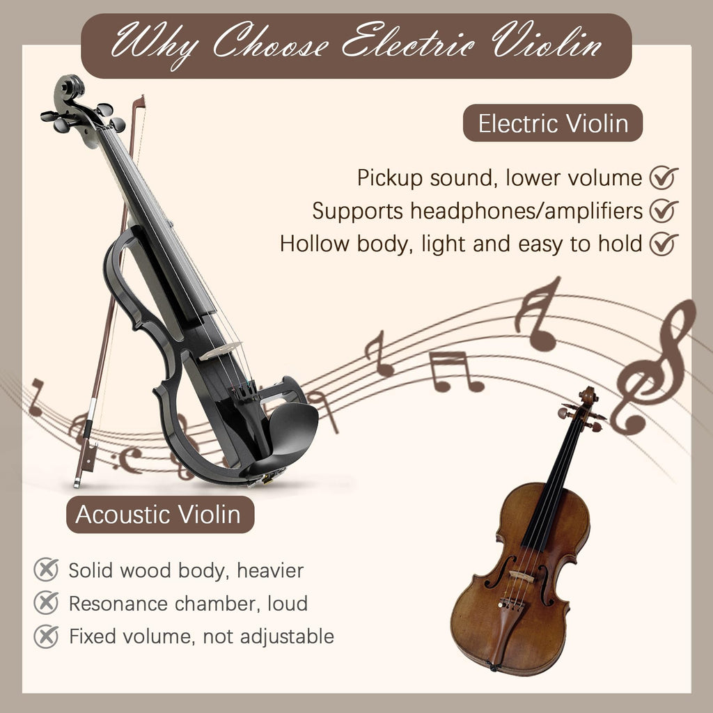 Electric Violin 4/4 Kit, Electric Violin 4/4 Full Size for Adults, Students, Beginner Violins, Full Size Violins Set with Case, Bow, Rosin and Headphones, Black