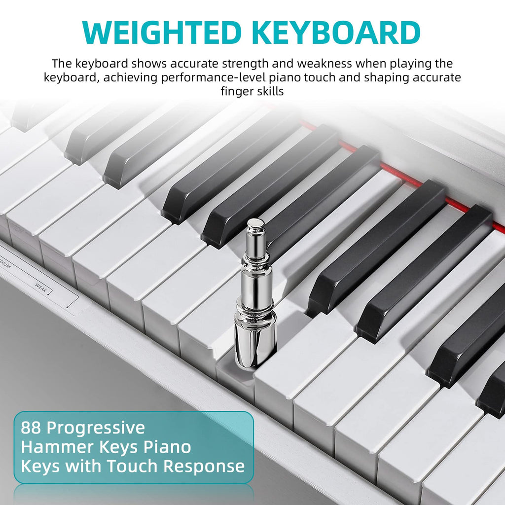 Digital Piano, 88 Key Weighted Keyboard Piano, Full-size Electric Piano Keyboard with Sheet Music Stand, Triple Pedal, Power Adapter, Supports USB-MIDI Connecting (White)