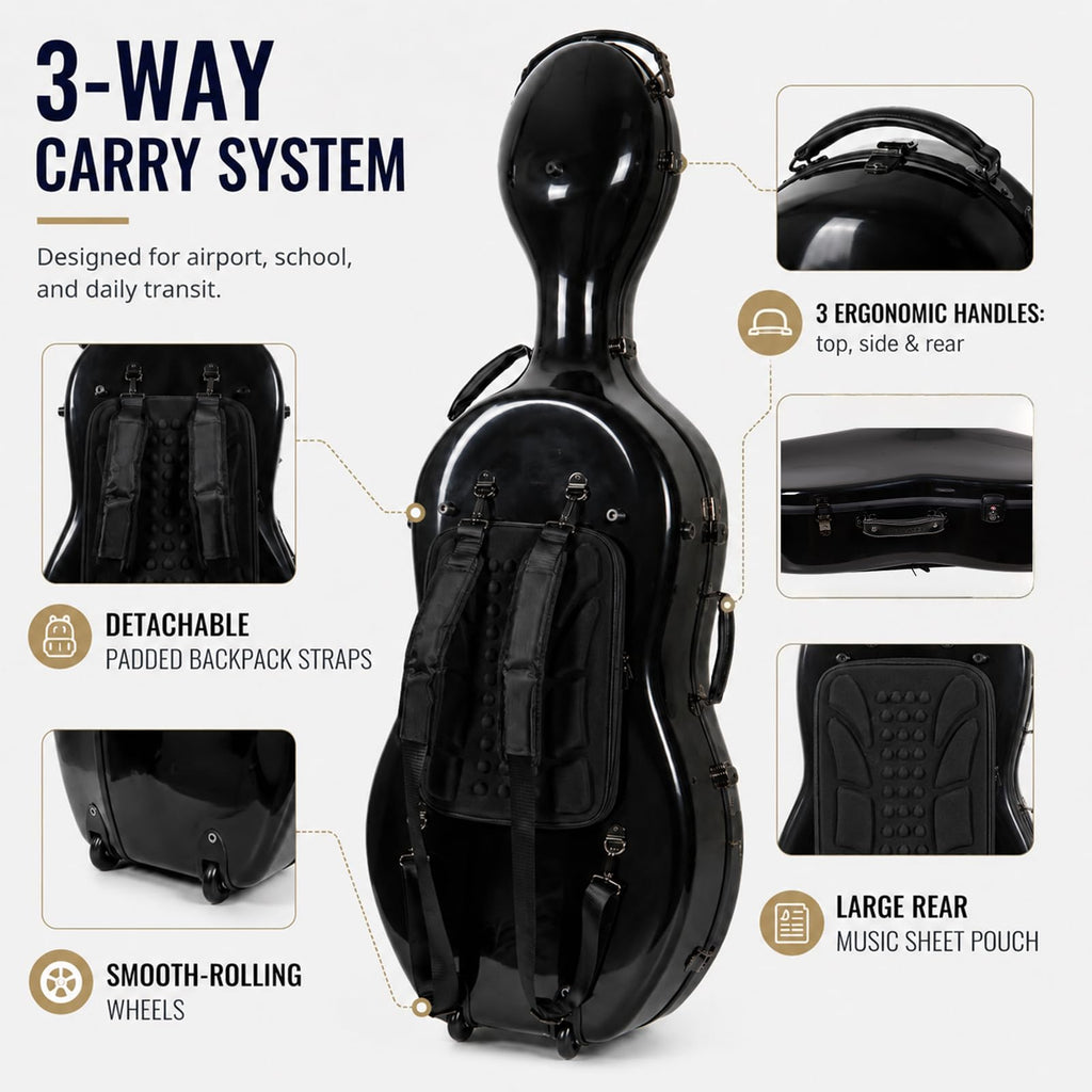 Crossrock Fiberglass 4/4 Cello Case with Wheels — Enlarged Interior Fits More Cellos | TSA Lock, Backpack Straps, Music Pouch & 3 Handles | Waterproof Hardshell — Black (CRF2030CEFBK)