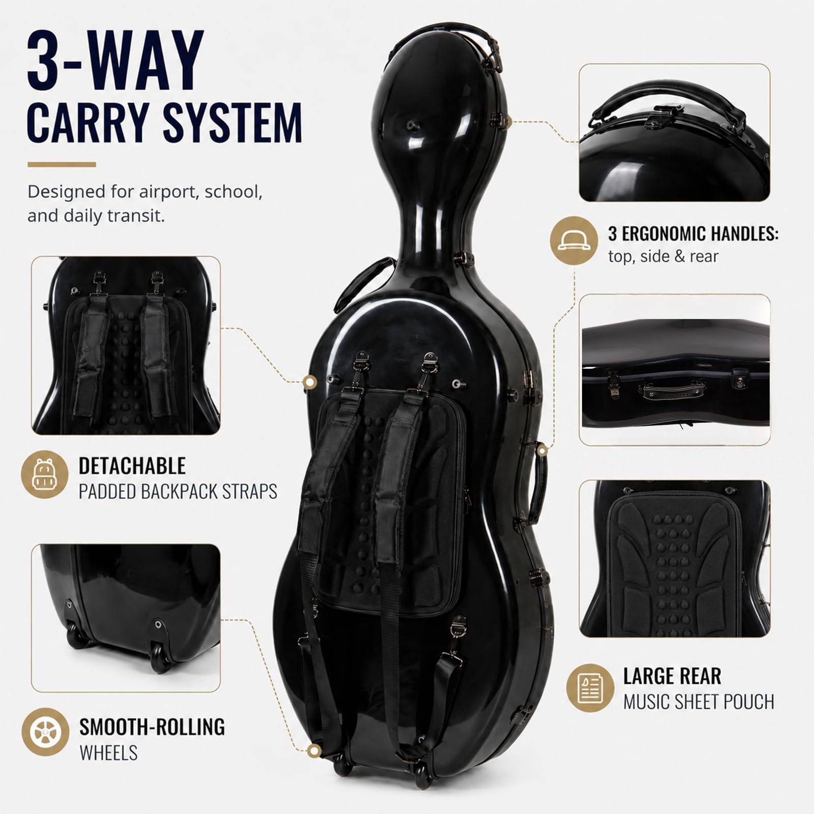 Crossrock Fiberglass 4/4 Cello Case with Wheels — Enlarged Interior Fits More Cellos | TSA Lock, Backpack Straps, Music Pouch & 3 Handles | Waterproof Hardshell — Black (CRF2030CEFBK)