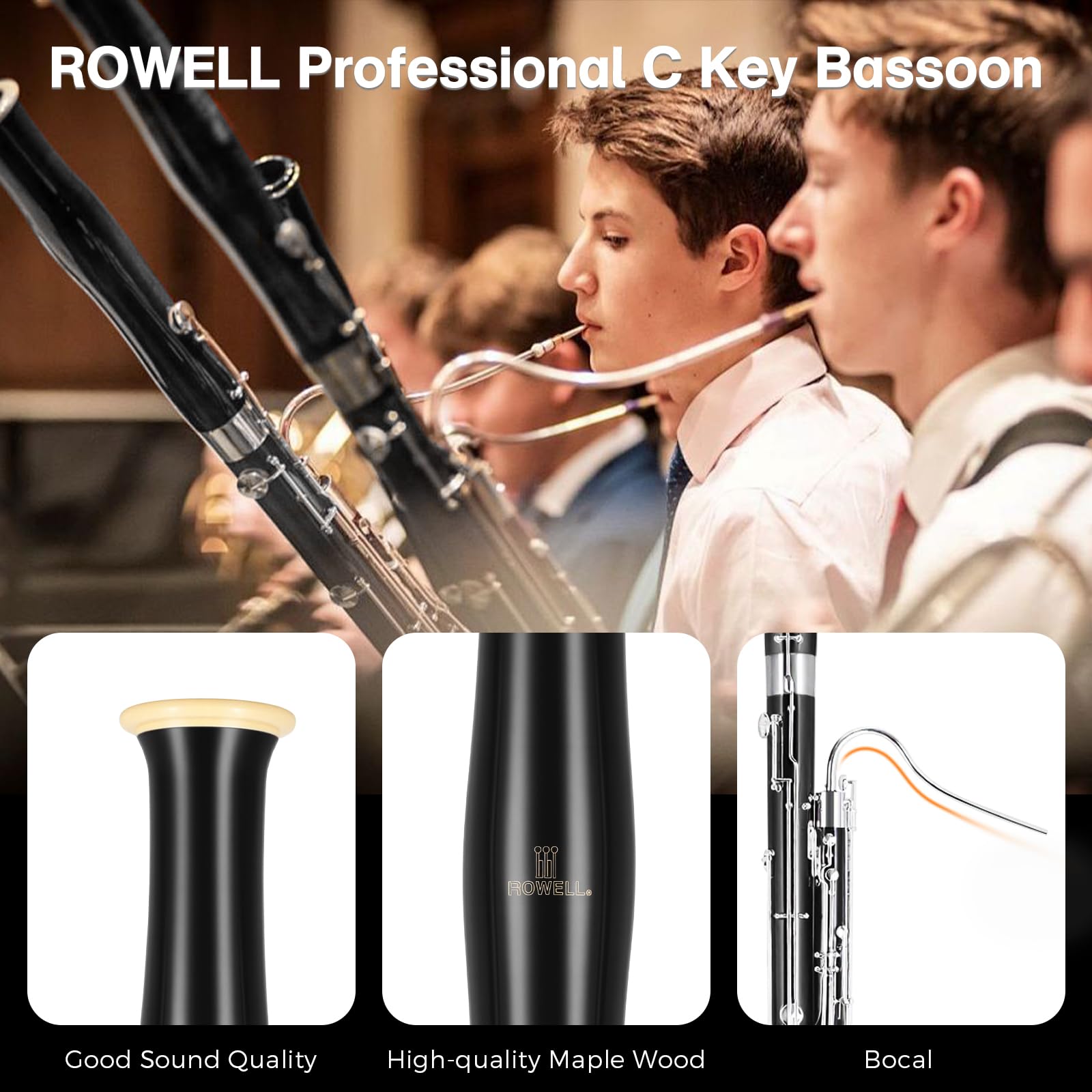 ROWELL Maple Bassoon C Key Bassoon with Self-Locking Mechanism 19 Keys Silver Plated Bassoons Instrument with Case and Care Kit, Ideal for School Band, Orchestra, and Home Practice Black