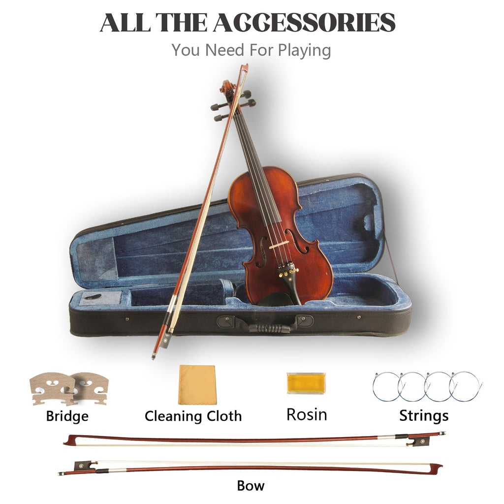Acoustic Violin 4/4 Full Size, Solid Wood Fiddle for Beginners Adults, Ebony Fitted Satin Antique Finish Violin Starter Kit with Hard Case