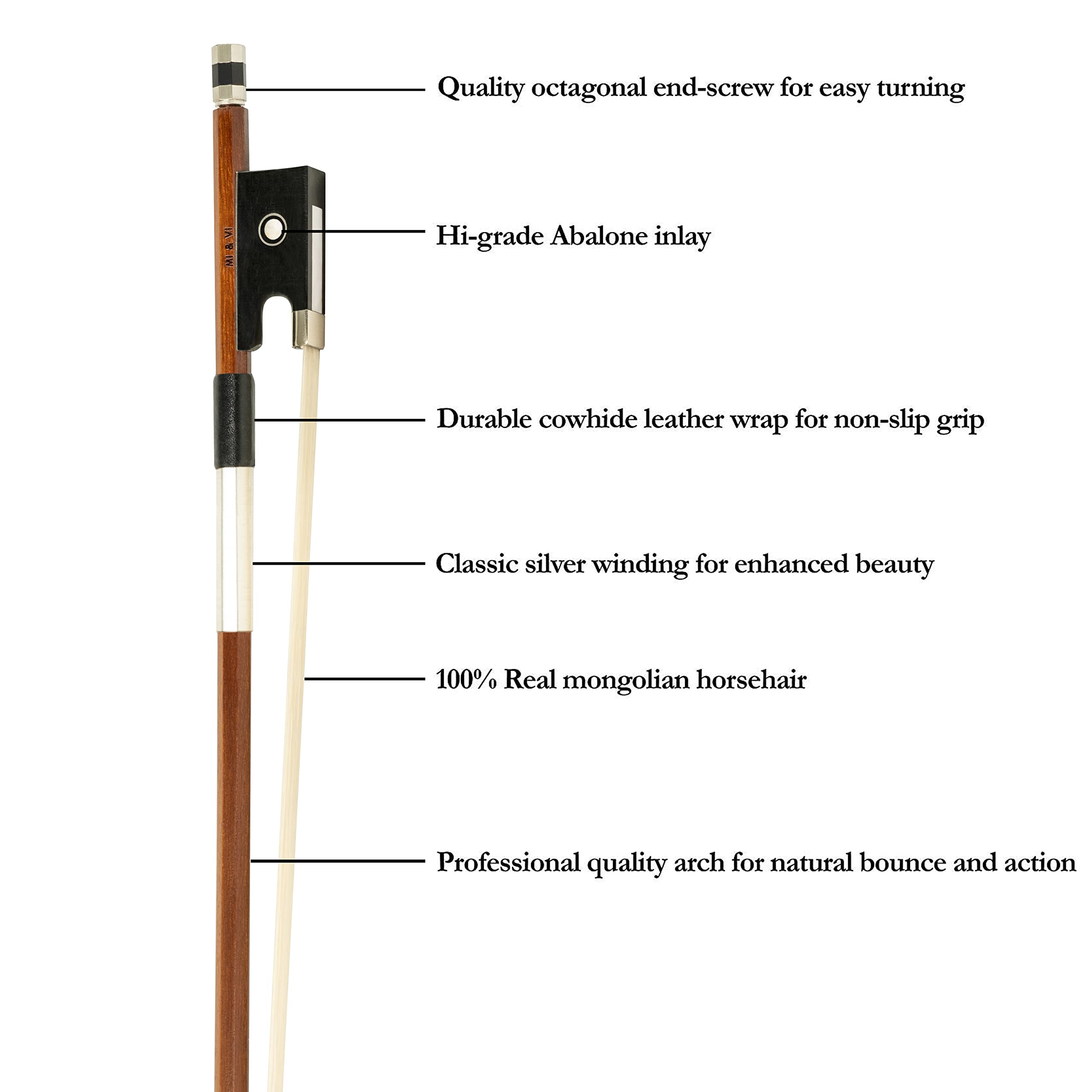 MI&VI NB-510 Brazilwood Violin Bow (1/2 Size) with Ebony Frog | Octagonal Silver Mount | Well Balanced | Light Weight | Real Mongolian Horse Hair - MIVI Music