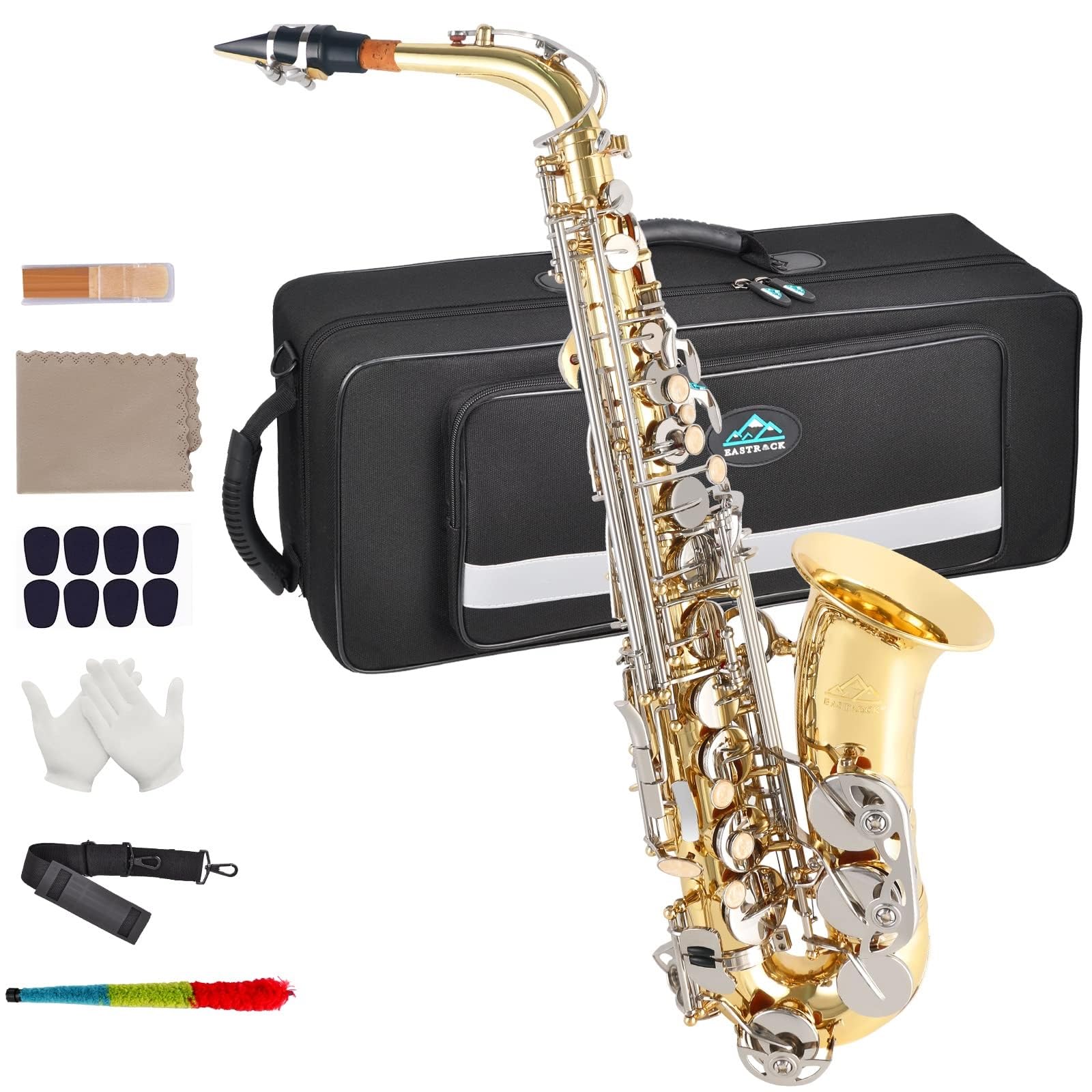 EASTROCK Black/Golden Alto Saxophone E Flat Sax Full Kit for Students Beginner with Carrying Case,Mouthpiece,Mouthpiece Cushion Pads,Cleaning Cloth&Cleaning Rod,White Gloves,Neck Strap
