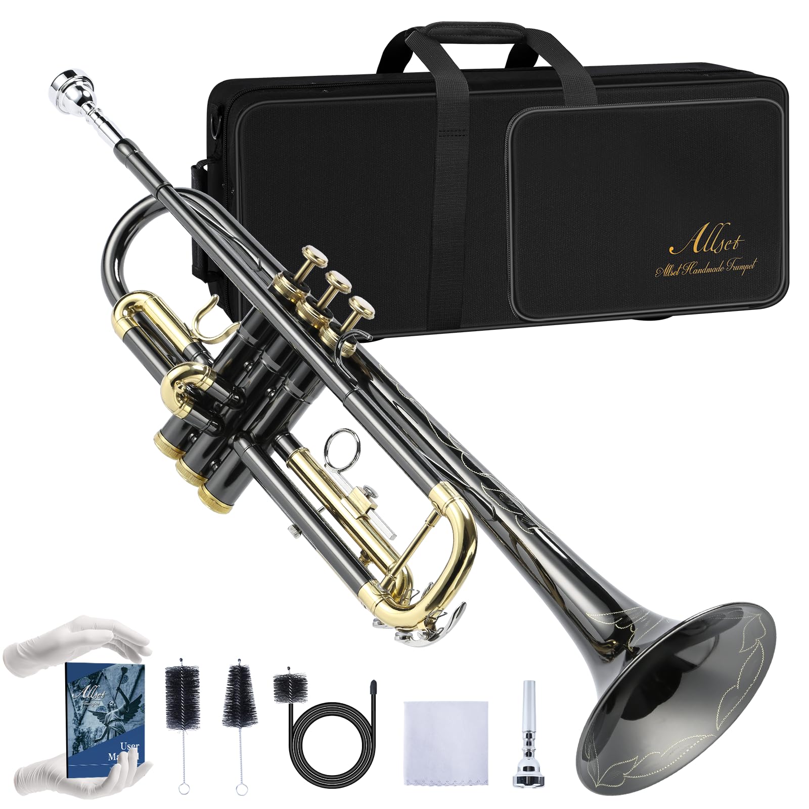 ALLSET Bb Standard Trumpet for Beginners | Student Band, Orchestra, Pro Level Performance | Professional Brass Trumpet Kit with Hard Case, 7C Mouthpiece& Cleaning Kit | Gold
