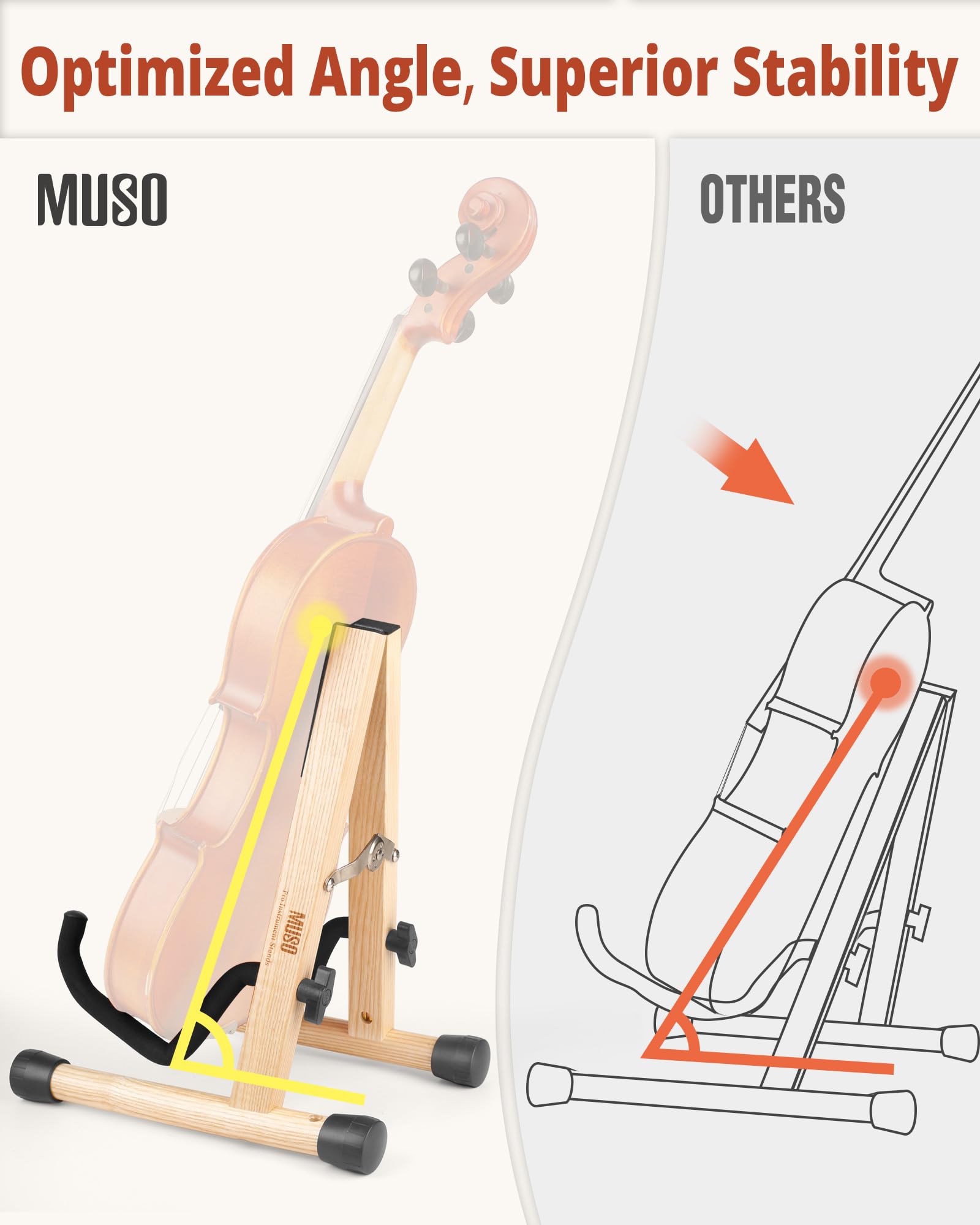 MUSO Cello Stand with Bow Holder,A-Frame Floor Stand with Padded Foam, Handcrafted Cello Rack Fits 1/2, 3/4, 7/8, 4/4 Full-Size and Guitar, Instrument Holder for Home and Studio Display