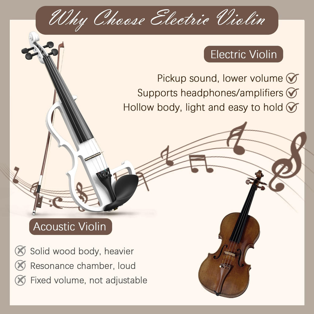 Electric Violin 4/4 Kit, Electric Violin 4/4 Full Size for Adults, Students, Beginner Violins, Full Size Violins Set with Case, Bow, Rosin and Headphones, Black
