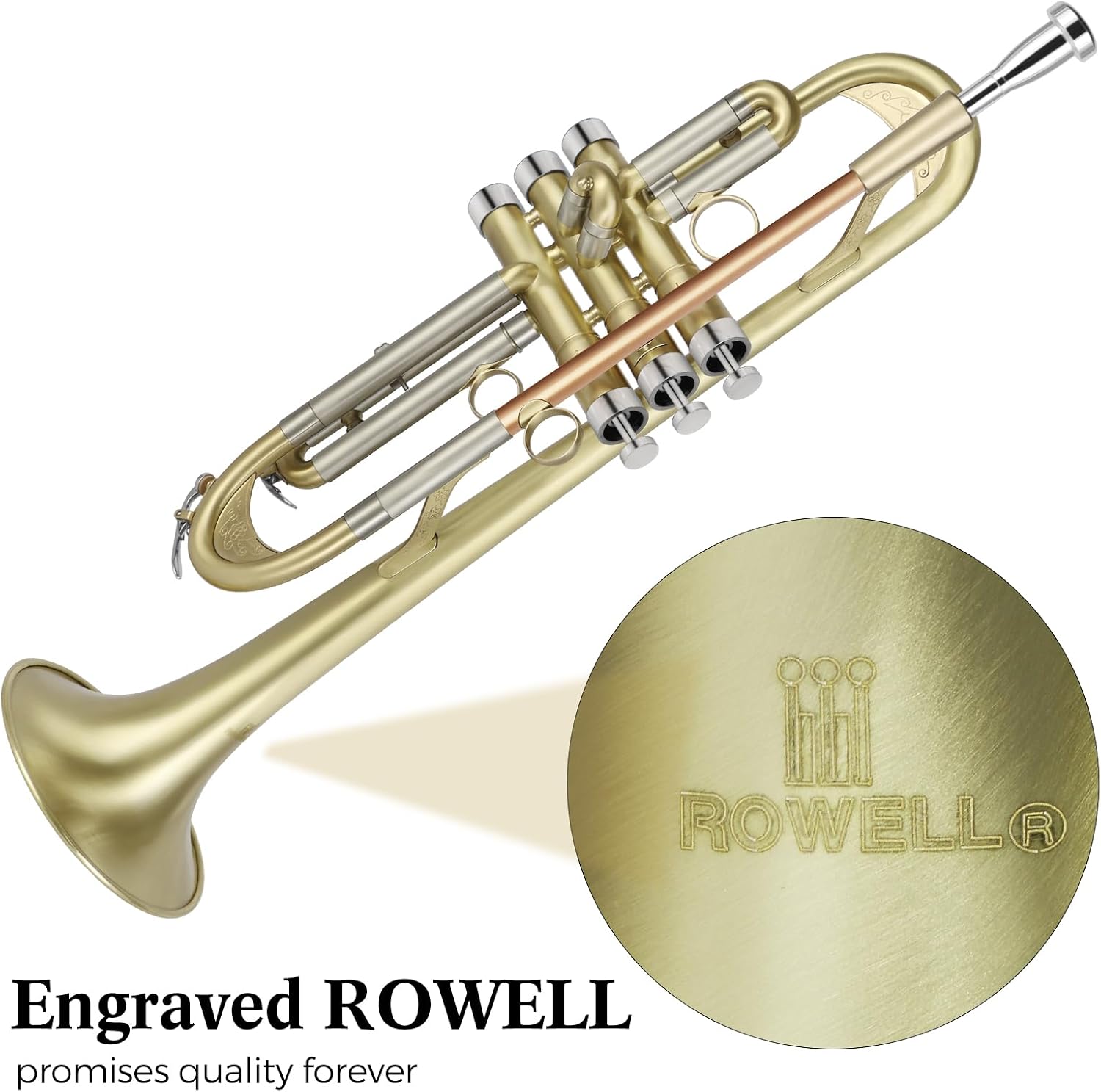ROWELL Bb Trumpet Brushed Finish Standard Brass Trumpet Set Professional B Flat Trumpets with Deluxe Hard Case, Gloves,Stand and 7C Mouthpiece, Ideal for Jazz & Street Performance
