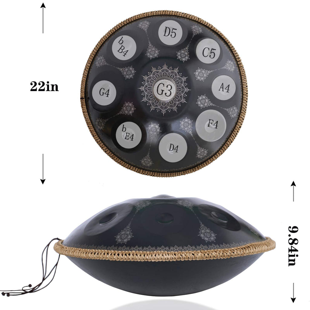 Handpan Drum 22 Inches D Minor Kurd, 432Hz 10 Notes Hand Drum Instrument, Premium Steel Drum, Handpan Instrument for Adults (Gold)