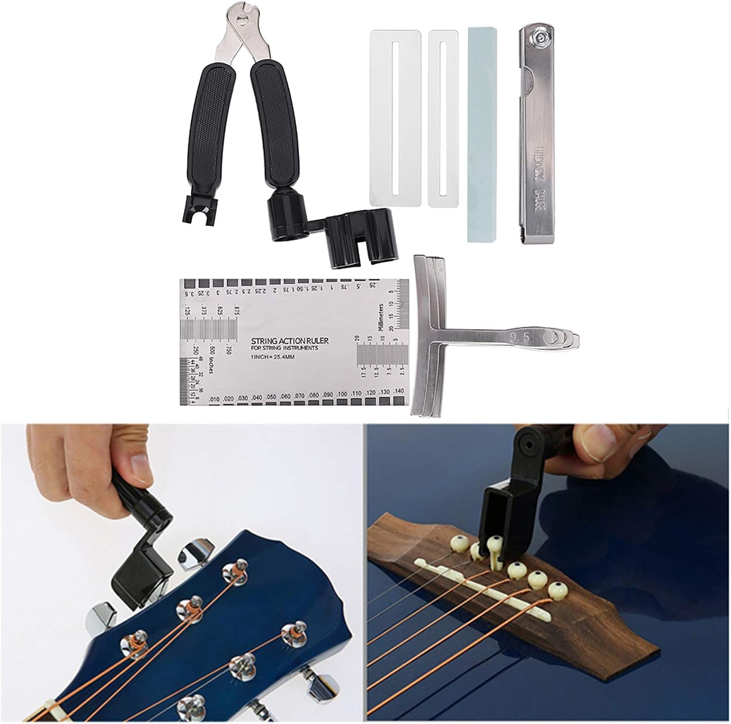 Guitar Tool Set, Professional Guitar Accessories, Stainless Steel Radius Gauge and String Action Ruler with Fingerboard Guards, Includes Sander and Polishing Stone for Electric Gui