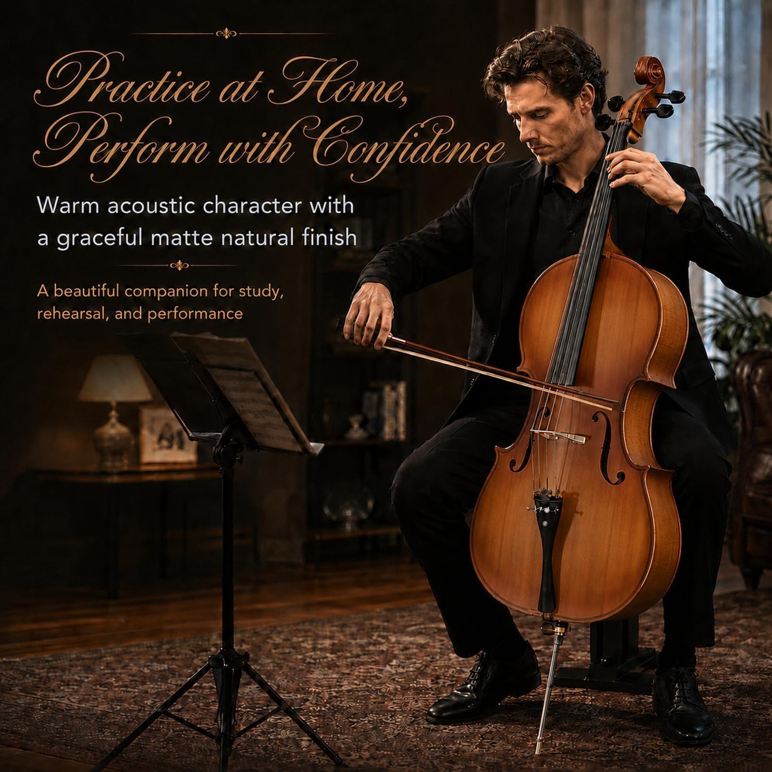 Cello 4/4 Full Size, Beginner Cello Instrument for Adults, Acoustic Cello Set with Padded Bag, Extra Strings, Bridge, Bow & Rosin – for Lessons, Home Practice & School Orchestra, Matte Natural