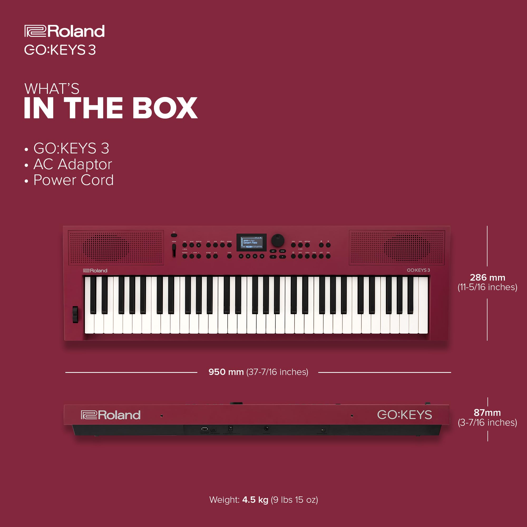 Roland GO:KEYS 3 Music Creation Keyboard | 61-Note Keyboard | Built-In Stereo Speakers | Bluetooth Audio/MIDI Support for Music Streaming - Dark Red