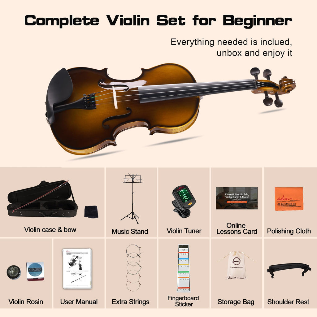 ADM Acoustic Violin for Beginner 4/4 Full Size Violin Set Solid Wood Ebony for Adult Teen Student Starter Kit with Hard Case, Shoulder Rest, Bow, Music Stand, Strings, Free Lessons (Sepia, 4/4 Size)