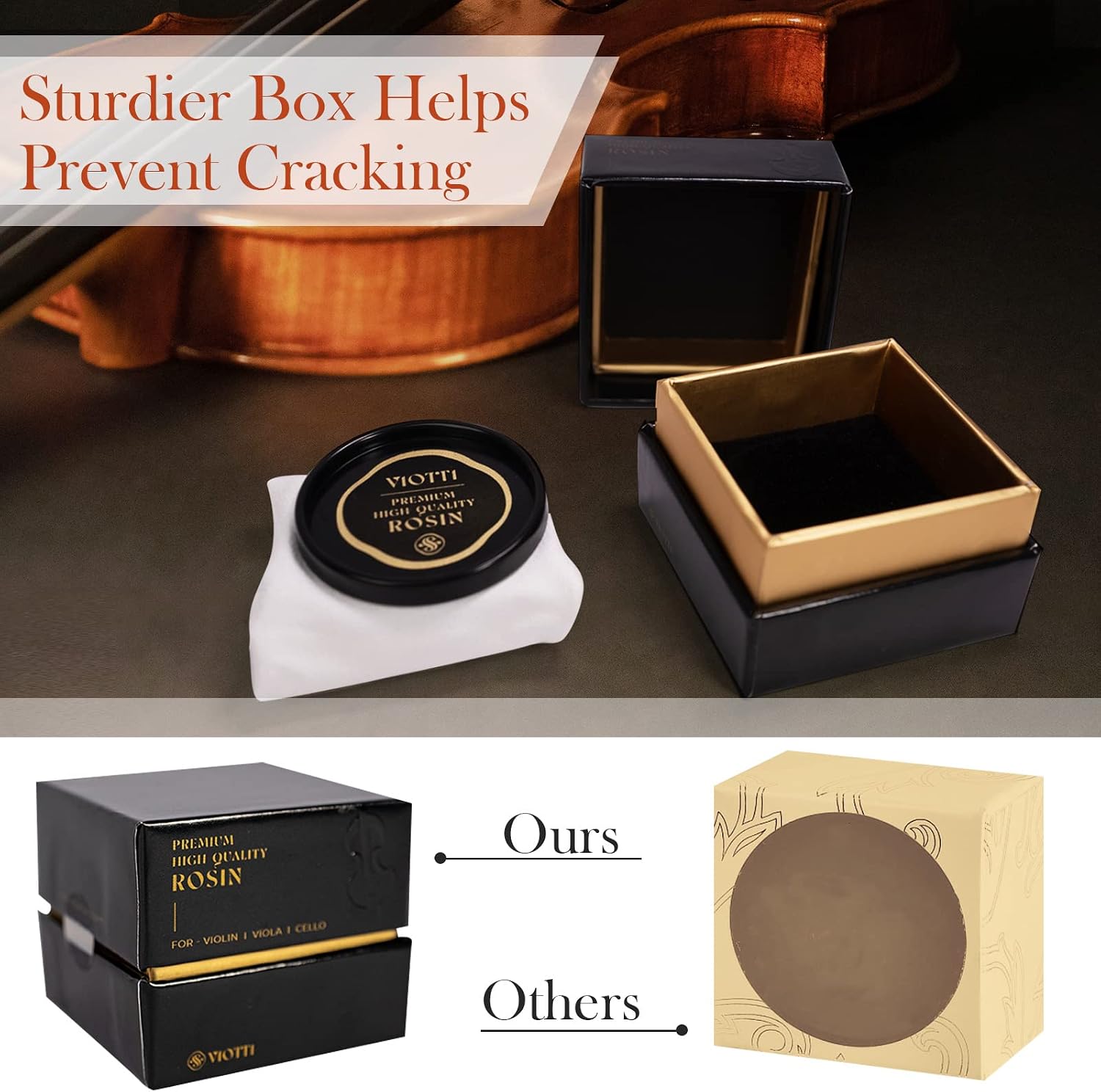 Viotti Dark Olive Rosin for Violin, Viola & Cello: Super-Smooth Rosin Engineered with Advanced Technology for Superior Grip with Low Dust, Shipped in Padded Protective Case to Prevent Cracking