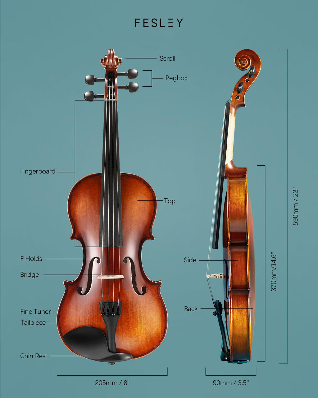 Fesley 4/4 Beginner Violin Kit for Adults & Teens, Full Size Acoustic Violin Set with Hard Case, Bow, Shoulder Rest, Digital Tuner & Extra Strings, Handmade Solid Wood Student Violin