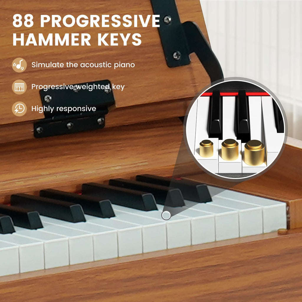 88-Key Weighted Piano Keyboard, Hammer Action Digital Piano with Speakers, Wooden Electric Piano with bench, Triple Pedal, Headphone, cover, Supports MIDI Connecting (Brown)