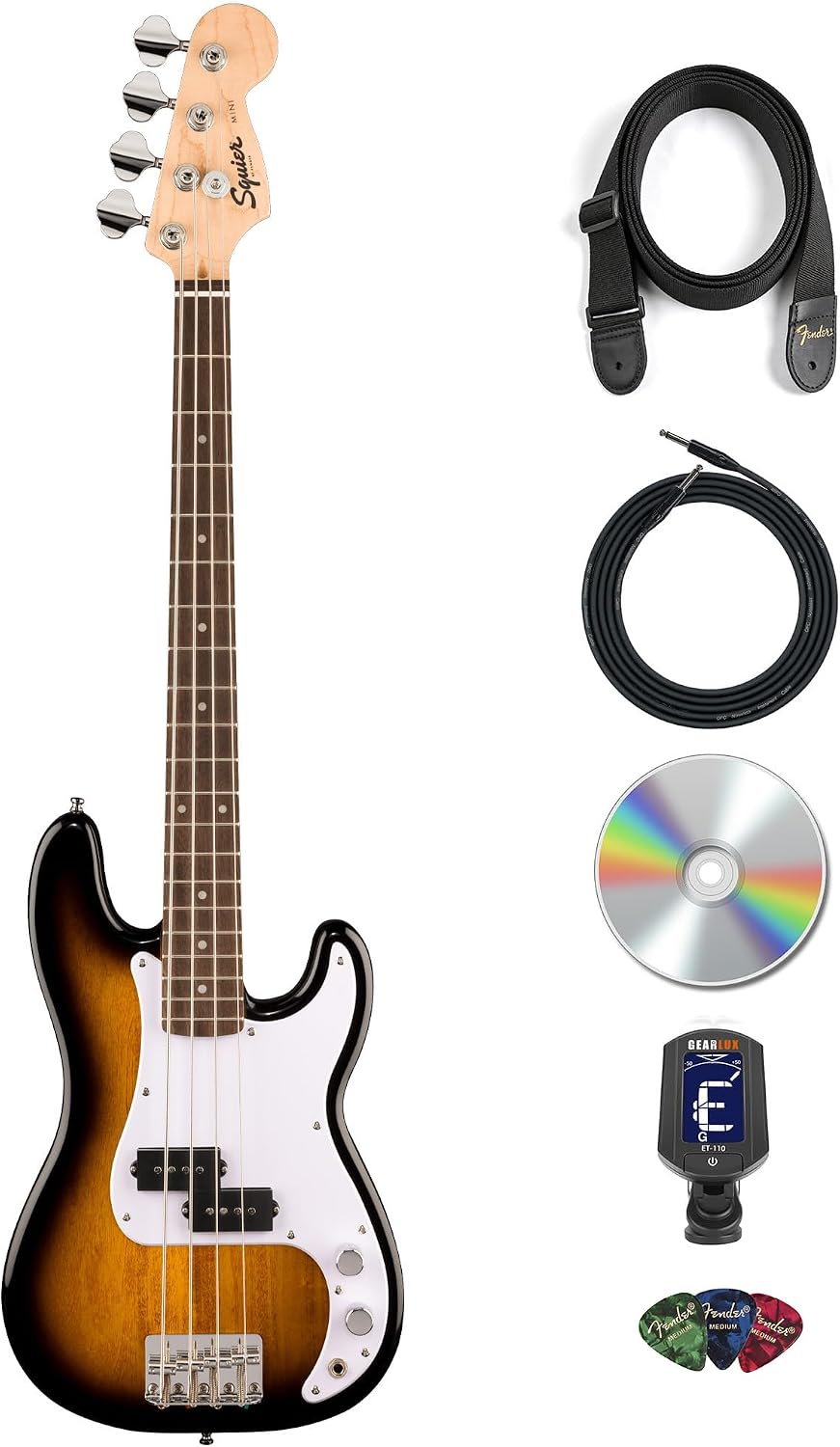 Fender Squier Mini Precision Bass Electric Guitar - 2-Color Sunburst Bundle with Instrument Cable, Tuner, Strap, Picks and Austin Bazaar Instructional DVD