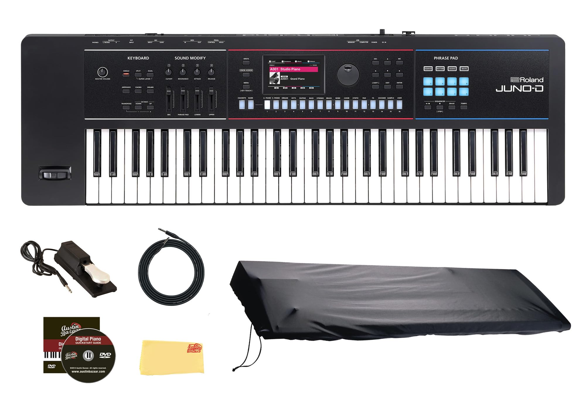 Roland JUNO-D8 Synthesizer Bundle with Adjustable Stand, Bench, Sustain Pedal, Cover, Austin Bazaar Instructional Video, and Polishing Cloth