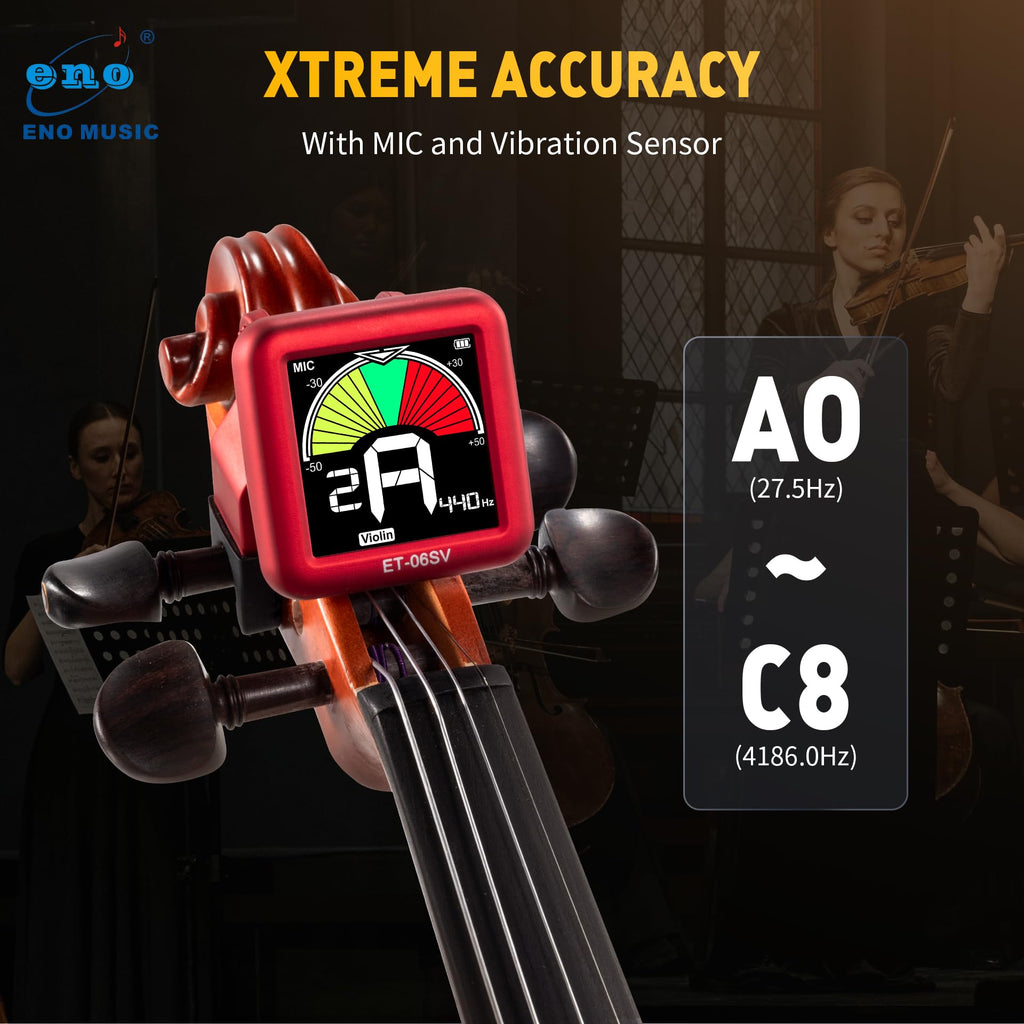 ENO MUSIC Rechargeable Type-C Quick Charge Easy Control Big LCD Display Easy Reading Clip-on Tuner for 4/4 Violin Viola Bass, Red