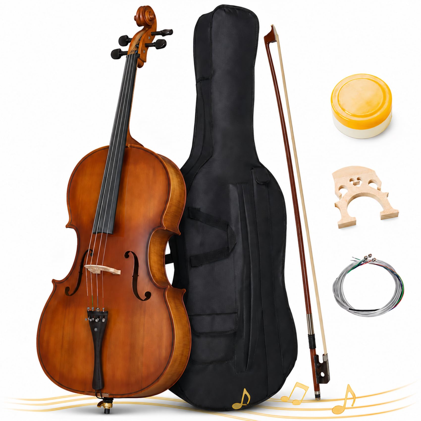 Cello 4/4 Full Size, Beginner Cello Instrument for Adults, Acoustic Cello Set with Padded Bag, Extra Strings, Bridge, Bow & Rosin – for Lessons, Home Practice & School Orchestra, Matte Natural