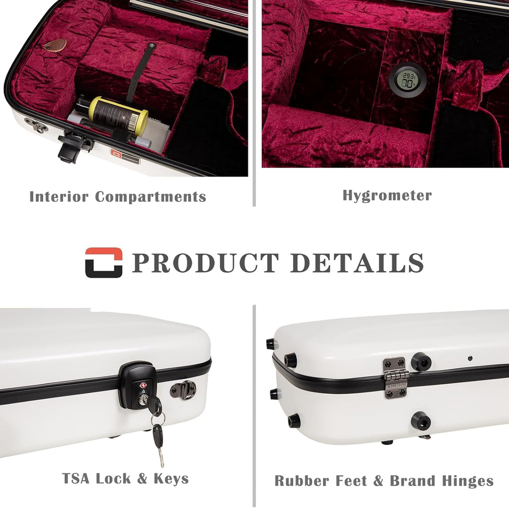 Crossrock Fiberglass Double Violin Case fits Two 4/4 Full-Size Violins- Includes TSA lock, Protective Blanket, Hygrometer, Removable Shoulder Straps- Milky White (CRF2020DVMW)