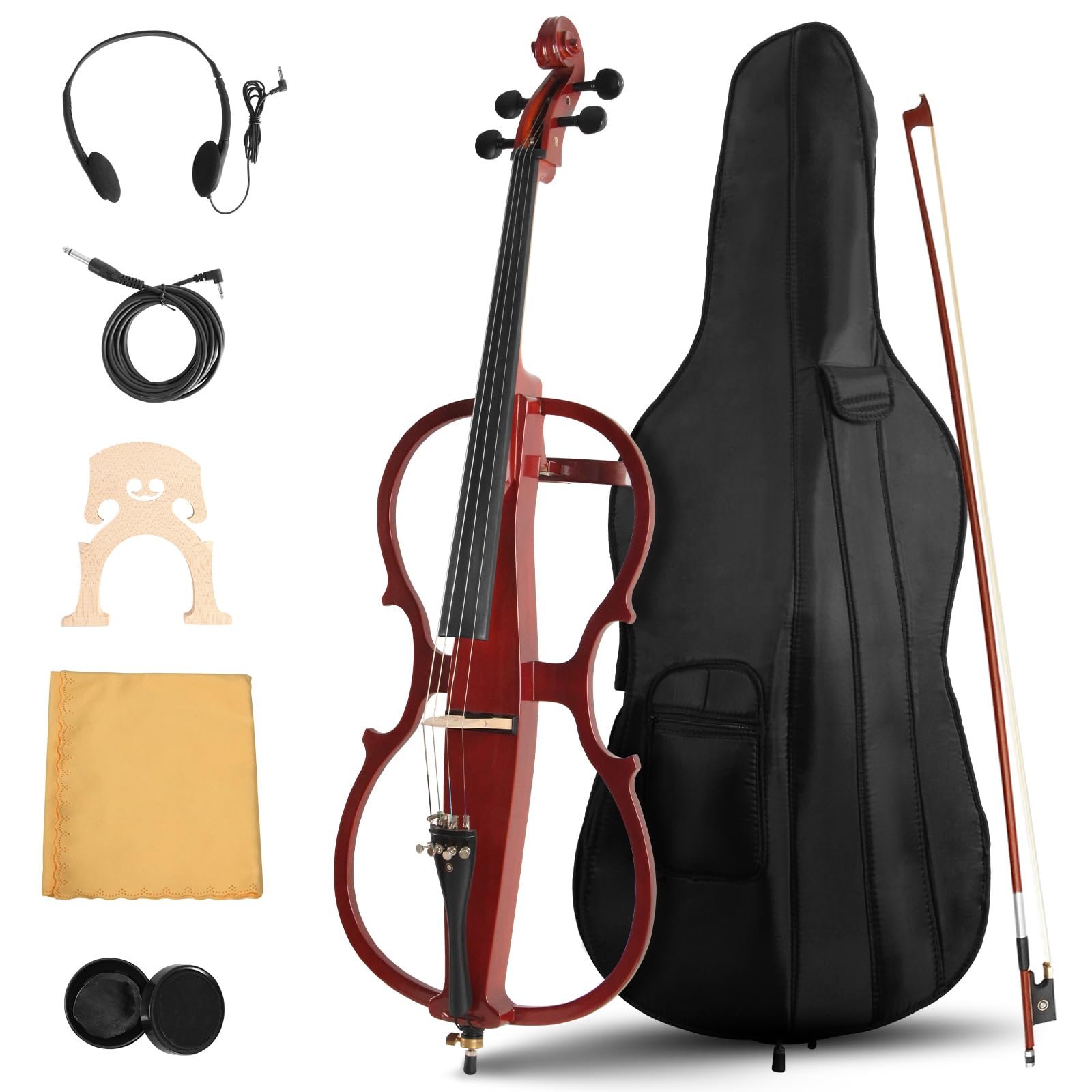 Electric Cello, Full Size Silent Practice Cello with Headphone Jack & Carry Bag, Professional Cello for Beginners/Adults