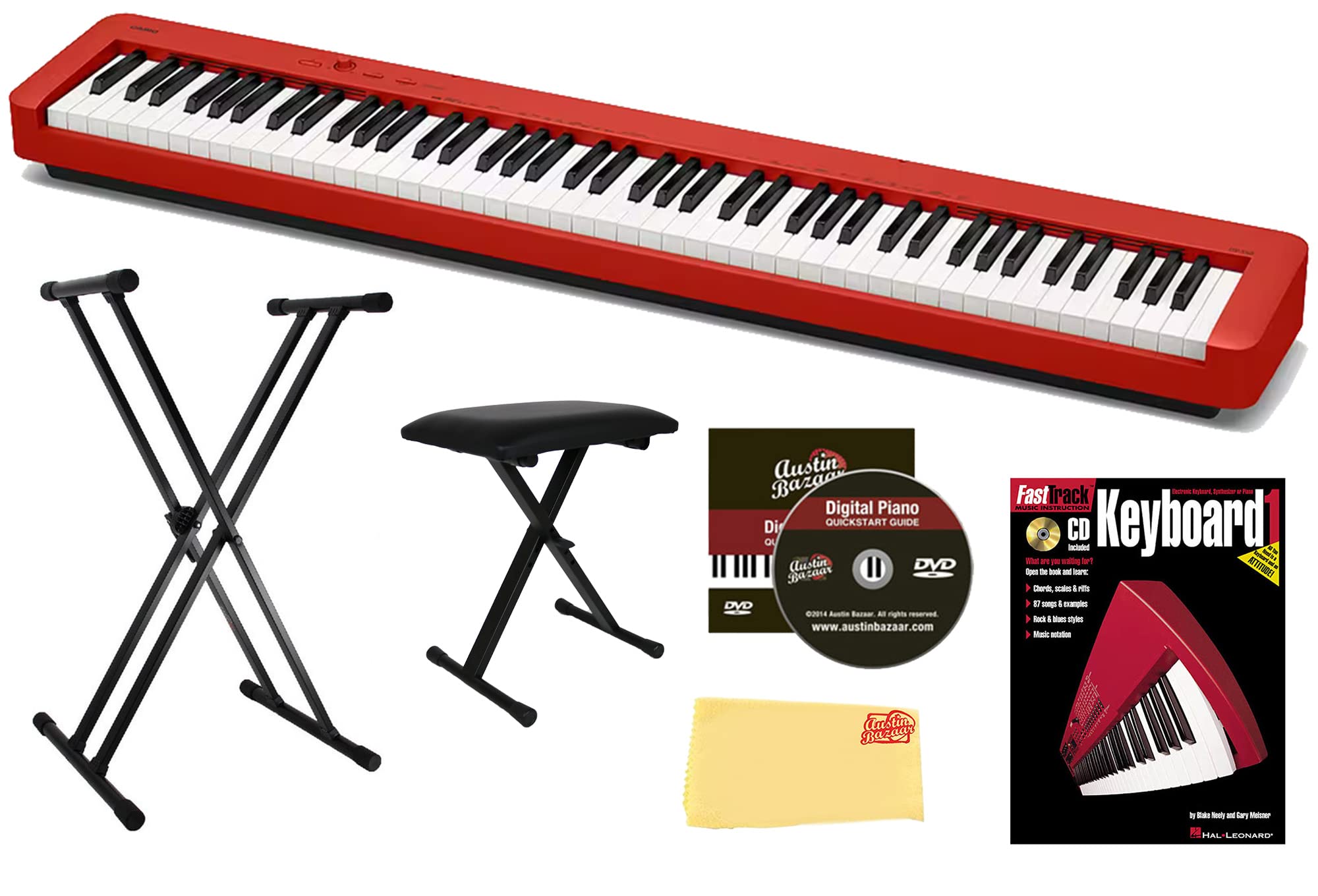 Casio CDP-S360 88-Key Compact Digital Piano - Black Bundle with CS-470P Stand, 3-Pedal System, Furniture Bench, Instructional Book, Online Lessons, Instructional DVD, and Austin Bazaar Polishing Cloth
